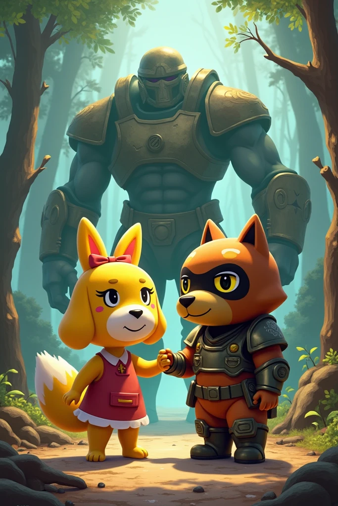 score_9, beautiful, cute, forest, Doomguy wearing armor and closed helmet with visor hugging an anthro bunny with brown fur wearing a black t-shirt