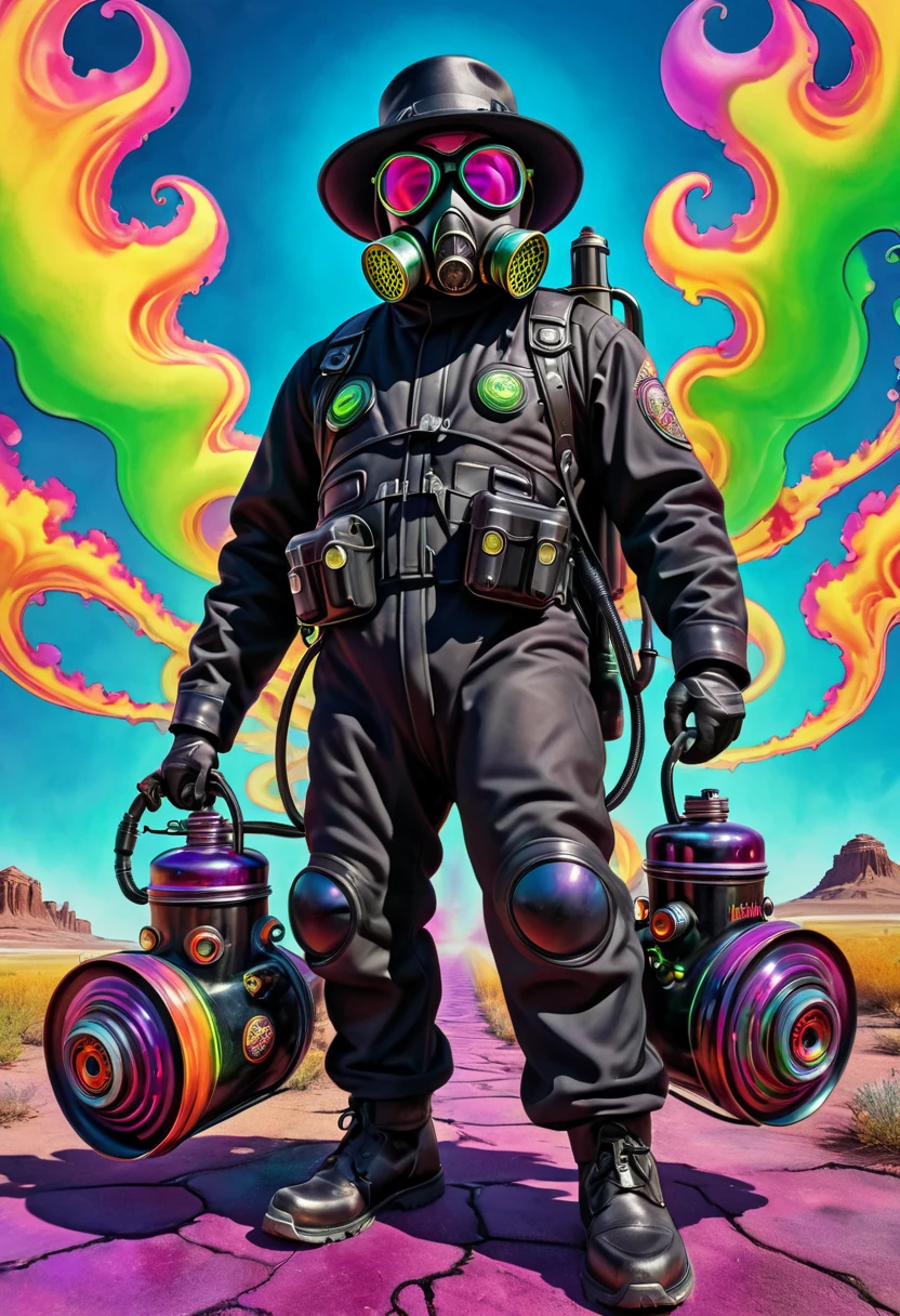 Mad Gasser. Mad Gasser of Mattoon, Wearing a gas mask with tinted goggles, Black hat, black cape, tight black leather suit, Compact backpack sprayer, Whole body all black. Brilliant steps. Intense psychedelic art, Trippy Poison gas art