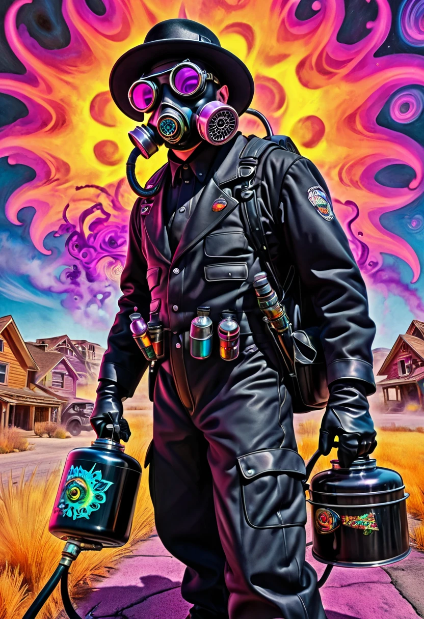 Mad Gasser. Mad Gasser of Mattoon, Wearing a gas mask with tinted goggles, Black hat, black cape, tight black leather suit, Compact backpack sprayer, Whole body all black. Brilliant steps. Intense psychedelic art, Trippy Poison gas art