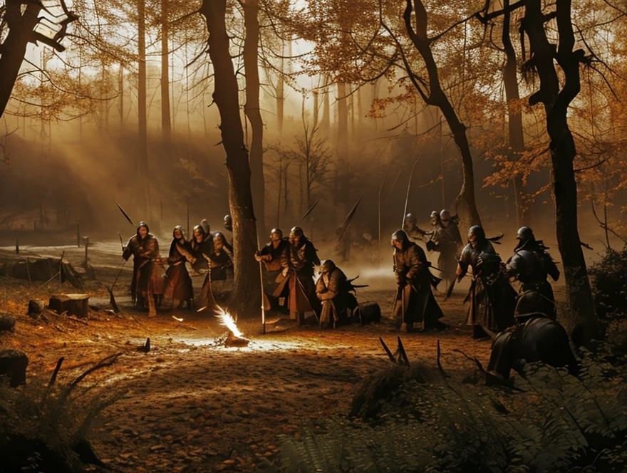 "A medieval battle unfolds in a dense forest during late autumn, with fiery orange, golden, and brown hues blanketing the trees. At the heart of the scene stands a majestic castle with pointed spires, nestled atop a hill partially obscured by foliage, resembling Castell Coch. Warriors in armor charge across the forest floor, some wielding swords and shields, while others fire arrows from longbows. A siege is underway, with ladders propped against the castle walls, and flaming projectiles launched from trebuchets. Smoke and sparks rise into the air, creating a dramatic, smoky ambiance. Sunlight streams through the trees, casting dappled light and long shadows over the forest floor littered with fallen leaves. The battle is intense, with clashing swords, flying arrows, and chaos all around. The mood is tense and cinematic, with vibrant colors contrasting the grim reality of the battle. Highly detailed, ultra-realistic, 4K resolution, dynamic lighting and textures emphasizing armor, weaponry, and the autumn setting."