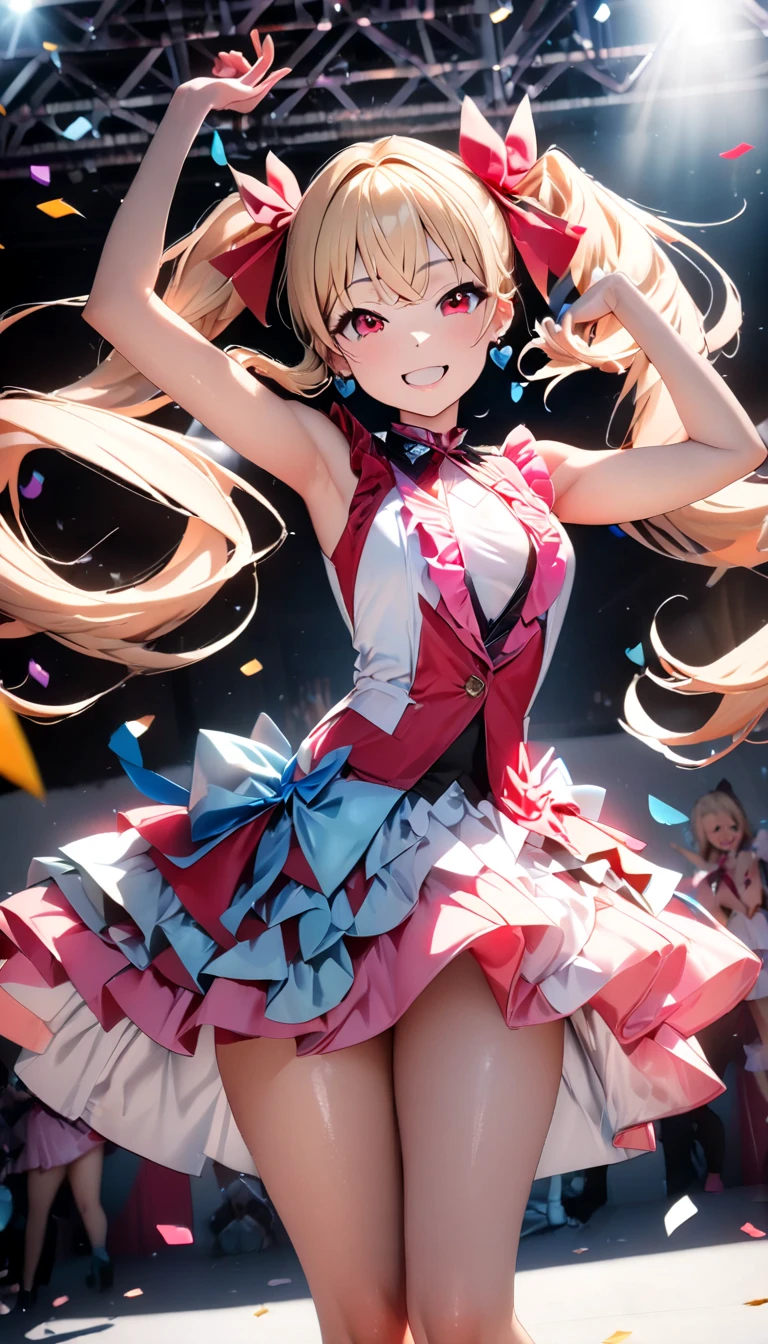 <lora:Sylvie:0.8> sylviems, kofxiv, striped, pantyhose, midriff, bow, striped pantyhose, jewelry, horns, smile, hair bow, breasts, skirt, beads, necklace, cleavage, puffy sleeves,comiket,bokeh, (masterpiece, best quality,highres, perfect hands), beautiful lighting, dutch angle,