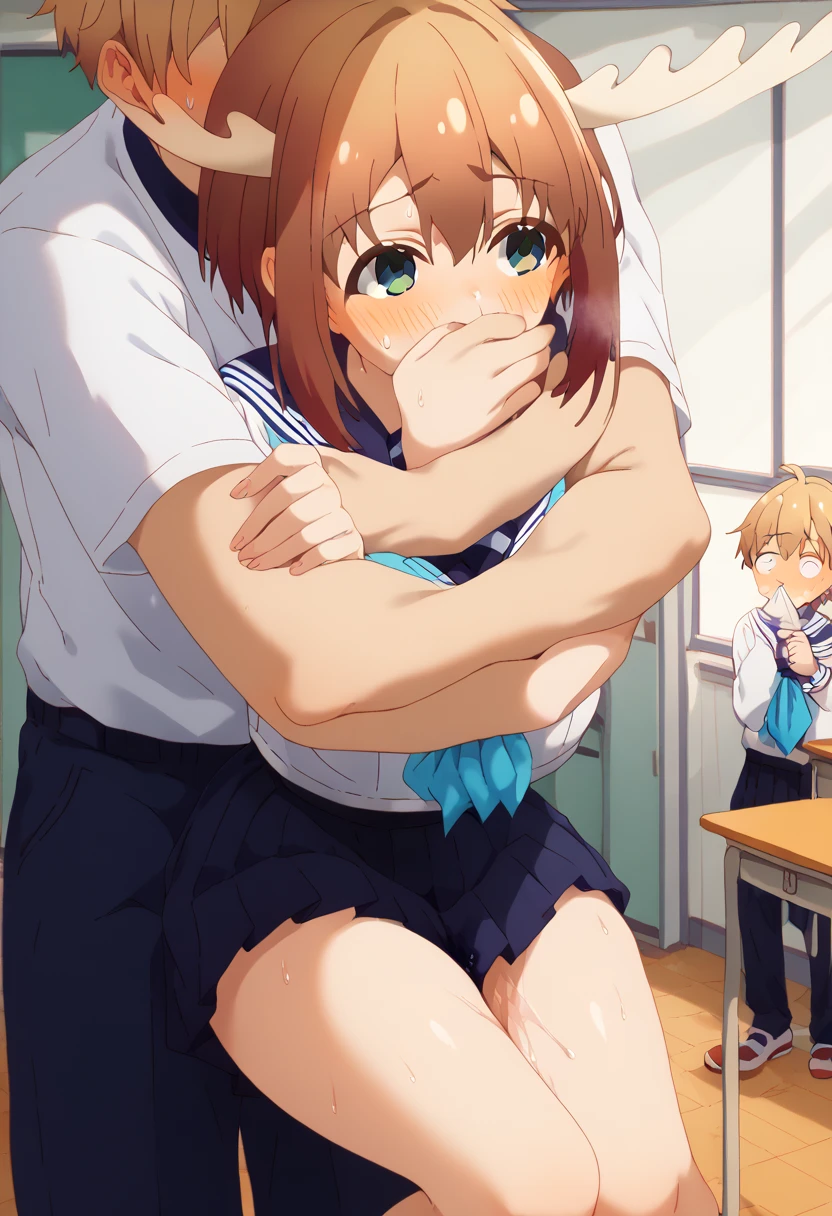 shikanoko : (Underneath: 1.2),   classroom,   full body  , 1 ,1 boy, boy without face, 18 years old, Seifuku, standing, (   boy hugging her from behind tightly), erect nipples,(pouring large amount of Sweat drops between thighs), Sweat, Sweat drops, Different,  Feeling around ,    breasts clutched from behind   , Embarrassed  ,    hand covering the mouth  ,    one hand between the thighs   ,  , secretly hugging   