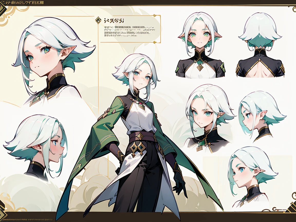 

((masterpiece)),(((best quality))),(character design sheet, same character, ), elven woman, ((side view:0.5)) anime girl, Gesture, character design. ((green eyes)). 1girl, solo, teenager, ((white hair)), ((green eyes)), pants, long sleeves, pointed ears. ((black clothes))
