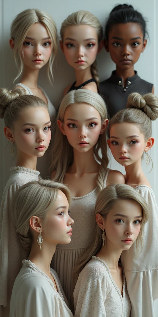 Three 17-year-old girls, one 28-year-old woman, Extremely Detailed Reflective Eyes, blonde hair, silver hair, brown hair, black hair, braid, bangs, blunt bangs, braided ponytail, hair over shoulder, long hair, ponytail, braided bun, hair one side up, low ponytail, hairpin, hairband, ribbon, hair scrunchie, white hairband, head wreath, aqua eyes, wide eyes, pupils sparkling, wide-eyed, makeup, open mouth, smile, light smile, parted lips, smiley, glint, Ashcan School, Surrealism, first-person view, sideways, Wide-Angle, f/1.8, 35mm, Canon, UHD, retina, masterpiece, ccurate, anatomically correct, textured skin, super detail, high details, high quality, best quality, highres, 1080P, HD, 4K, 8k