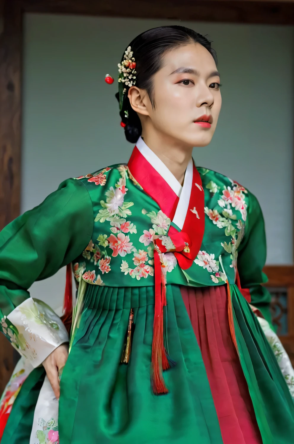 A Korean man in women's hanbok, hi is crossdresser, His face and hairstyle are very masculine, silk, Mother of the Bride hanbok Dress Outfit, breasts like a woman, green and red, slender female body, floral pattern, satin, side view