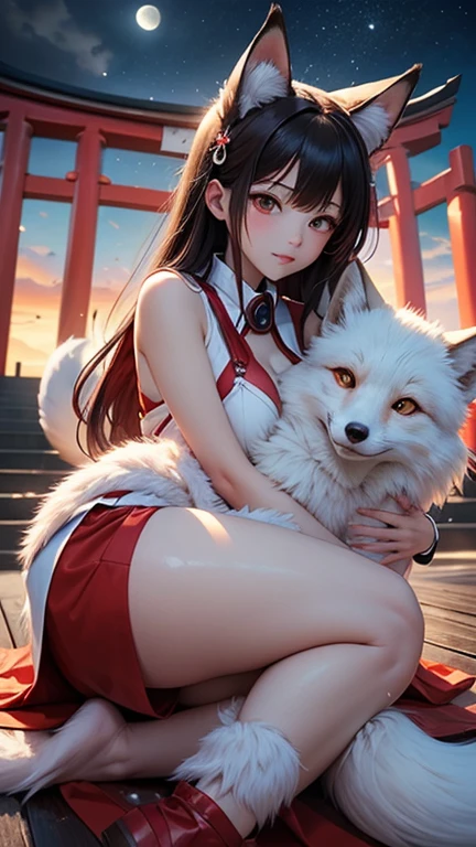by Wlop,masterpiece, best quality, 8k, UHD, HDR, ultra high res, exquisitely detailed, super detailed, extremely detailed CG, ultra-detailed, best shadow, detailed background, natural lighting, dramatic lighting, high contrast, best illumination, extremely delicate and beautiful, volumetric light, ray tracing, sharp, ultra sharp, extremely sharp, realistic, photo realistic, raw photo, dynamic angle ((((1girl, black mini skirt, bloody white cloth, princessmononoke wearing a white fluffy hood)))) ((((riding on a giant shiny silver white long haired furry wolf with long tails)))) ((wolf open mouth with sharp teeth, girl leans front and carrying a long bloody sharp spear on her back, dark red mask on top of the hood)), beautiful young woman, exquisitely beautiful detailed face, exquisitely beautiful detailed eyes, ((illuminating bloody red eyes)), makeup, melancholic sadness, cute pink lips, glossy lips, timeless elegance, eyelashes, enchanting gaze, ((luminous white shiny skin, flawless white skin)), perfect body, slender and graceful figure, glowing eyes, narrow waist, slim body, small breasts, slim thighs, legs with no muscle, slim legs, rim lighting, perfect ratio, golden ratio, rule of thirds, colorful background, detailed background, colorful flames, colorful glow, colorful light particles, light rays, ((flowers, sakura, momiji, red maples, yellow maples, falling autumn leaves, many flying petals)), four seasons in one shot, four seasons special effects, trees, ((fujisan, snow mountain, big and clear moon, stars, shooting stars)), river, beautiful water reflection, stones and rocks, 