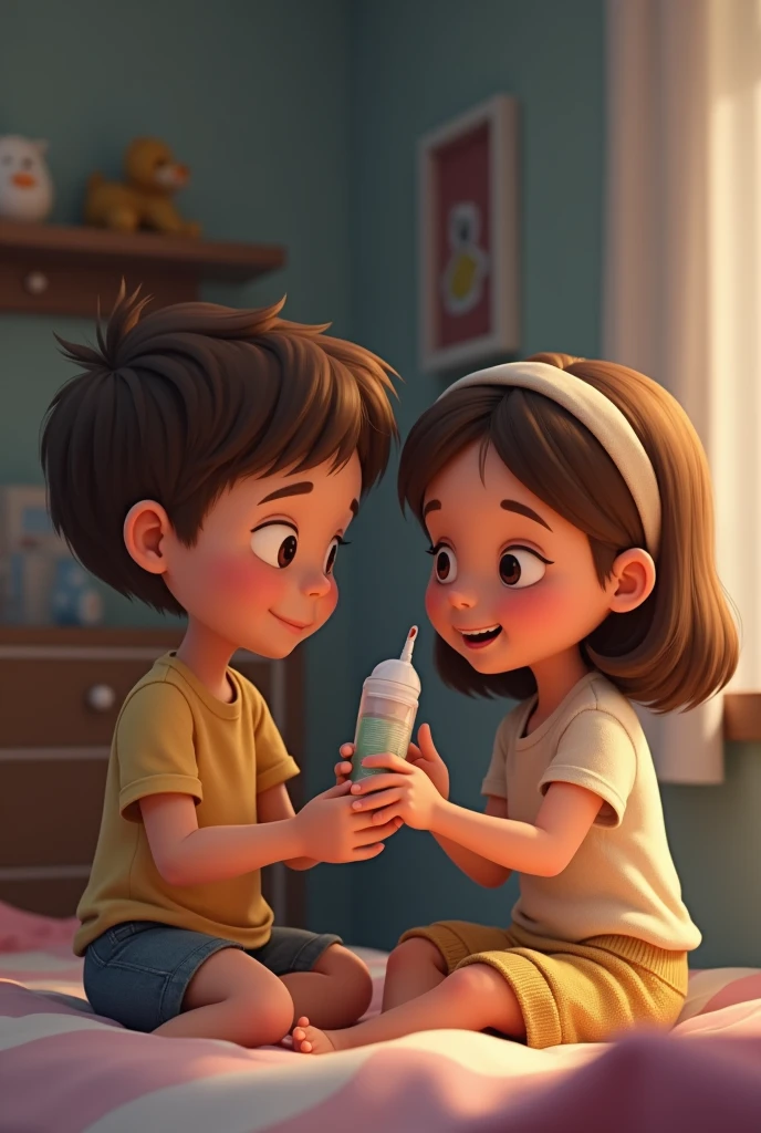 Pixar style image, where a girl appears sitting on the floor in white shorts, white Nike tennis shoes, long white socks, gray jacket with coffee, and with an iPhone cell phone with a blue case, On the left side a boy with a black sleeveless shirt, pants gris, black hair, both together in front of a gym mirror