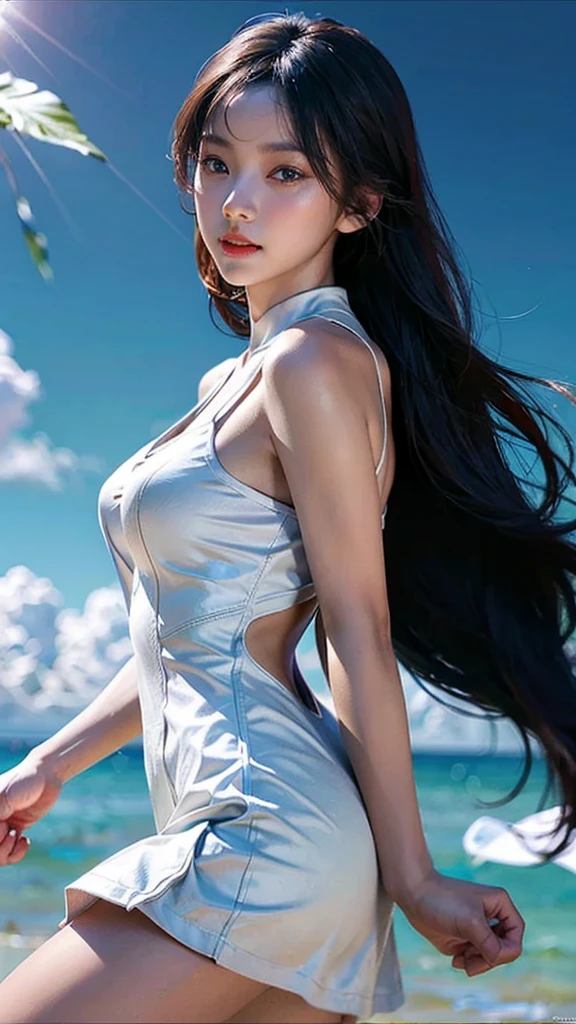 (masterpiece), (top quality), (highly detailed), (illustration), (1girl), looking at the viewer, (interview), beautiful detailed eyes, delicate and beautiful face, floating, (high saturation), (shining), uniform, blue sky, bright and beautiful face, the skin is young, shining, fair and shining, the best appearance, very beautiful, big eyes shining with transparent sky blue light, beautiful and wonderful beautiful girl, white translucent dress