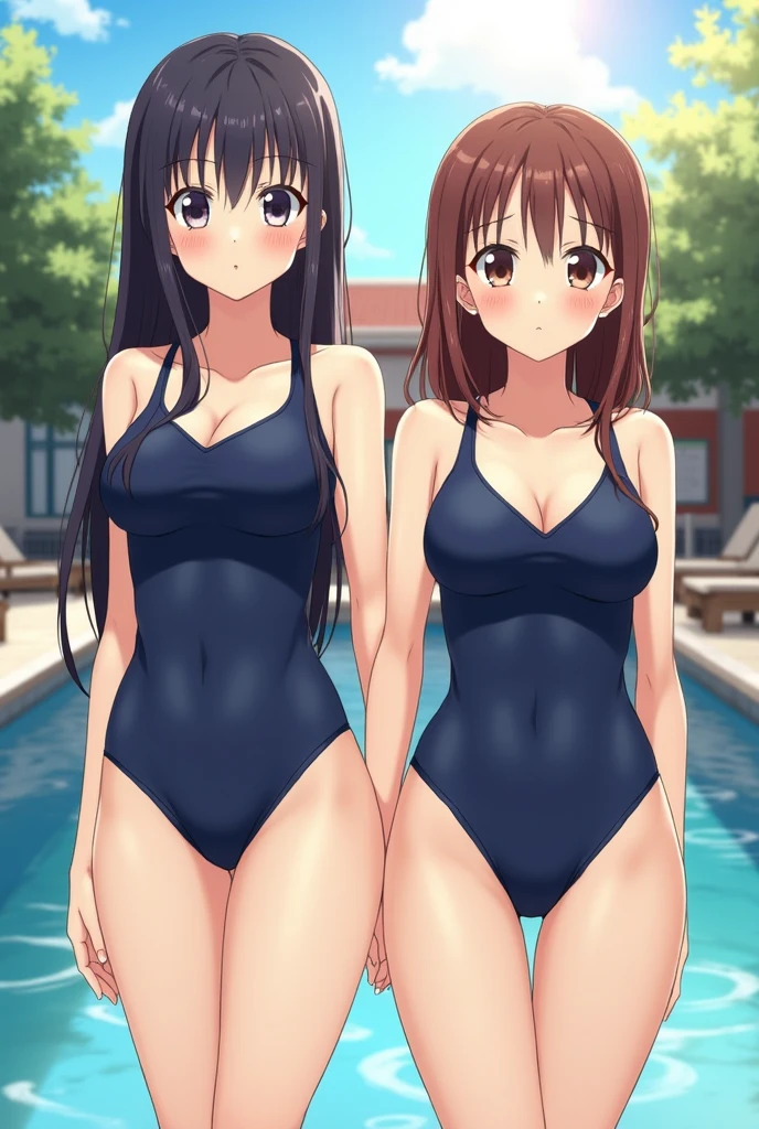 (nsfw:1.3), masterpiece, (realistic, photo realistic:1.2), ((highest quality), extremely fine and beautiful, beautiful face details, real human skin, realistic, photorealistic, 2girls, (Elementary school students:1.1), smile on face, cow-boy shot, Hair braided. School swimsuit, tiny breasts, sitting, Spread legs, pool, wind