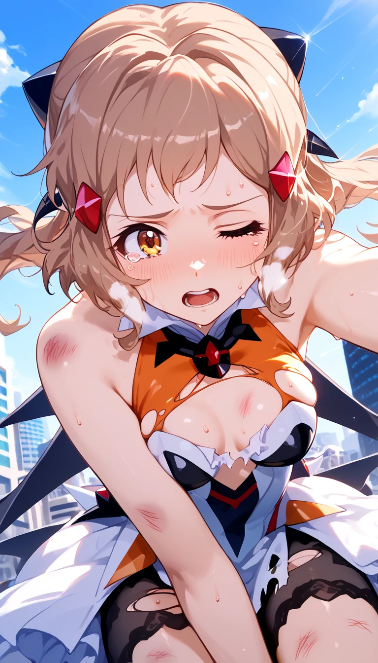  best quality,  soft light you're handling,  ultra high resolution, cute, beautiful face down to the smallest detail , high resolution details of human skin texture, shiny skin,sweat,Heat, white breath ,Hibiki Tachibana ,Brown Hair,Short Hair,City, Battle Costume,whole body,teeth,Big eyes,Symphogear,Sad, tremendous impact,bruised body,armed gear , one eye closed, torn clothes,Open your mouth, Cool Poses ,White corner,tears,Sit down,From below, Reach Out