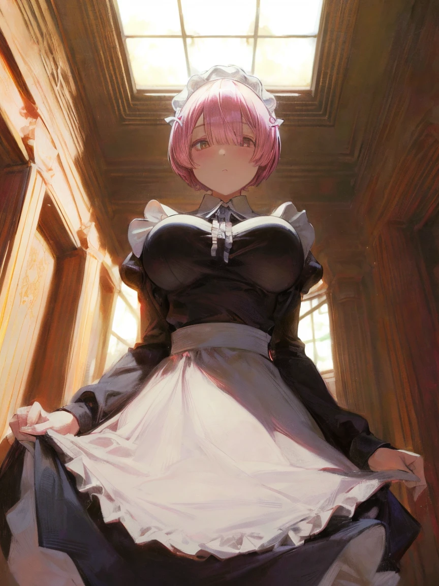 (masterpiece, highest quality:1.2), 1 girls, ((She's wearing a Maid uniform)), rezero REM , ((Inside a Western castle)) ,  (lots of drool), The body shakes violently, ((Hasselblad Photos)), [:(detailed face:1.2):0.2], (hair over one eye), hair tape, (short hair), (Pink hair), hair ornament, ((Has an iron ball)) ,  Big breasts , from below
