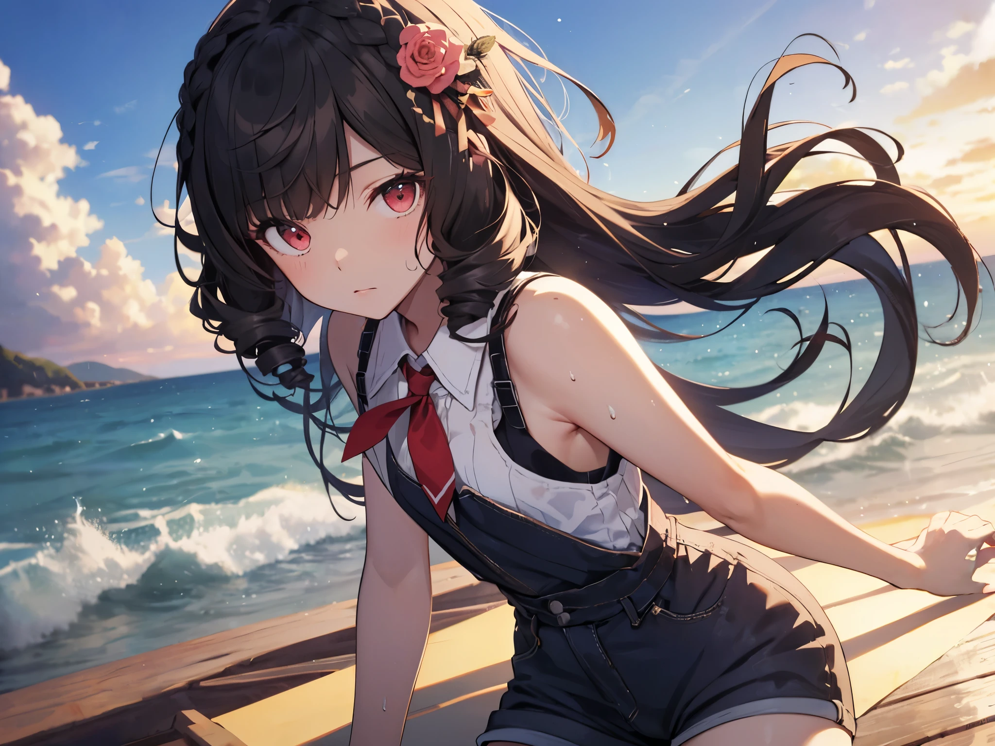 Alone, 1 girl,Human Ear、 (Red eyes)、( toddler figure 、Short stature、 flat chested)、(Vertically wound roll、Vertical Roll、 long hair、 tie the hair on the back of the head with a big red ribbon、Flower hair ornaments on the bangs )、(fun)、( lie on your back on a floating mat)、(thick black dress 、 denim shorts )、(sweat、body fluid)、(Sunset sky、Sunset、Evening sky、 beachside)、(The chest is the center、angled angle)、( high definition , masterpiece, accurate, anatomically correct, Wins Numerous Awards , highest quality, Details , high definition model with hammer, High details , 高quality, quality, retina, Very detailed, textured skin, Ultra High Definition)