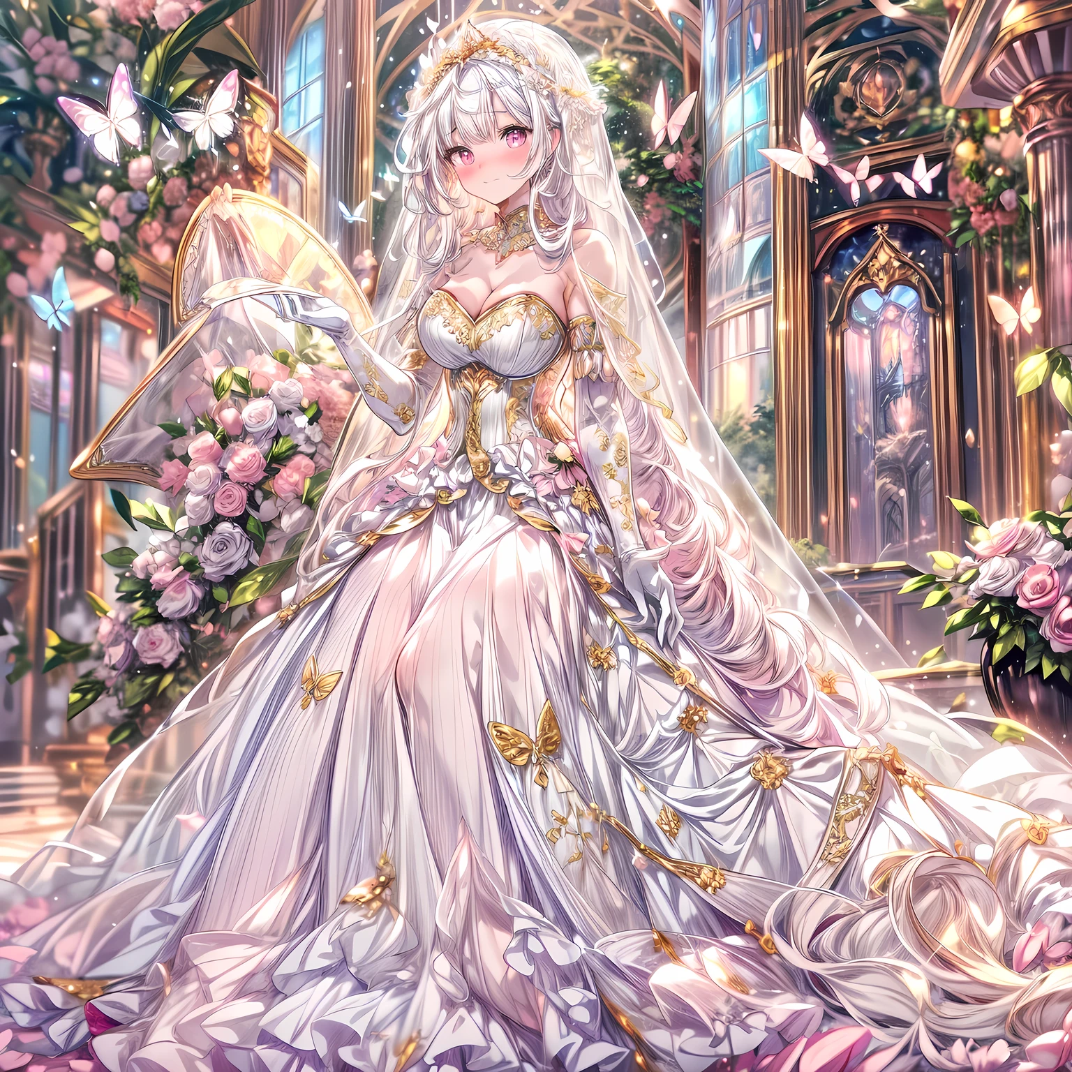 ((anime artstyle)),(Masterpiece),(Best Quality), (Super Detail),((Very Delicate and Beautiful)),Focus on character,Dynamic Angle,Looking at viewer,((Solo)),standing,((full body)),((one princess in gorgeousfull BlingBling wedding dress with voluminous skirt)),((BlingBling)),detailed face and eyes,jewel-like eyes,((Very Long voluminous Hair)),gorgeous embroidery and lace,((gorgeous corsage)),See-through,(Gorgeous BlingBling jewelry ornaments),luxury hair ornament,BlingBling luxury tiara with jewels,ornate ruffles,((gigantic breasts,Long breasts)),indoor,church wedding,((full body)),hoop skirt,crinoline,very long gorgeousfull wedding veil,(((jeweled gorgeous embroidery BlingBling wedding dress)))