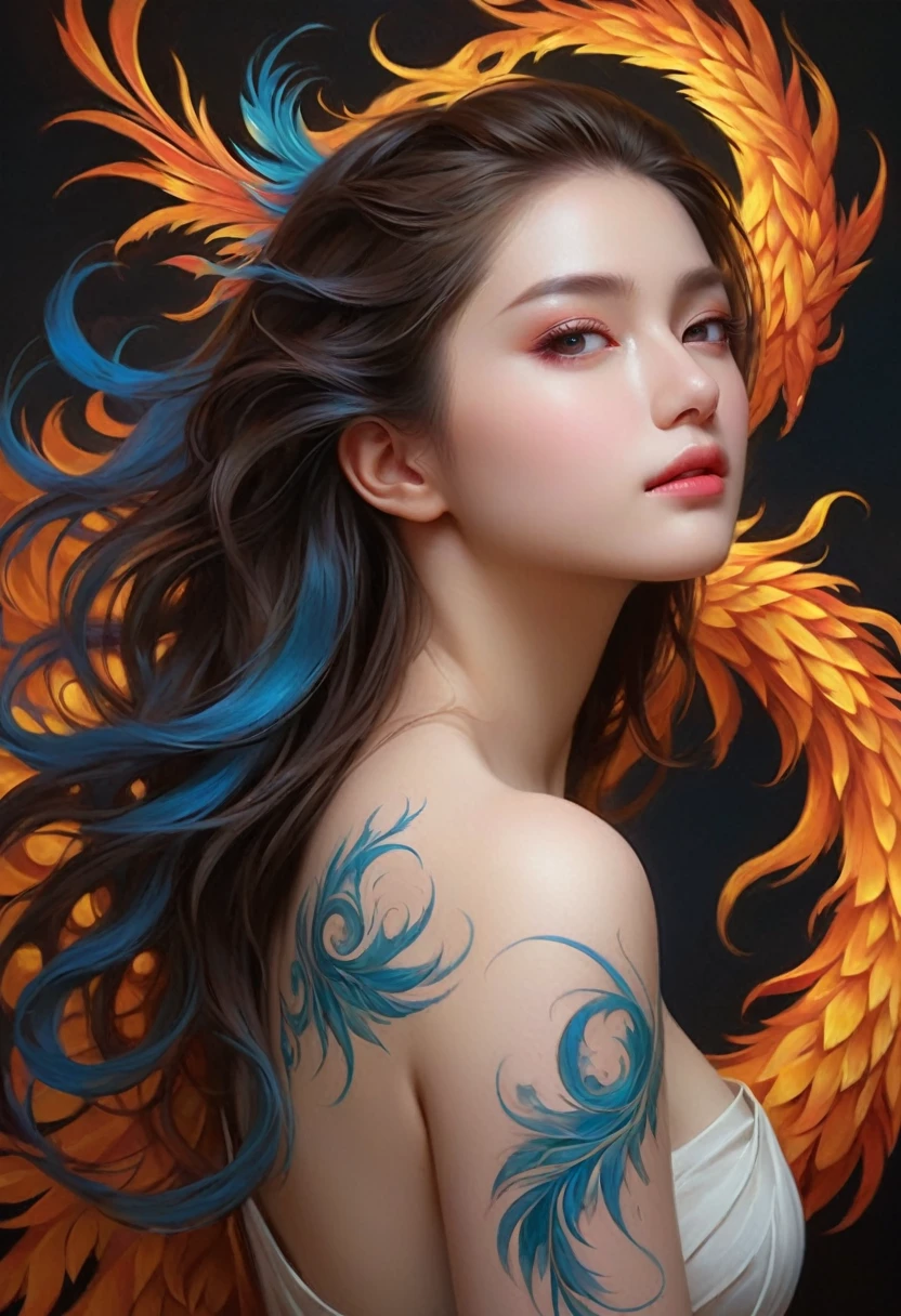 (最 High Quality ,4K,8k, high definition ,masterpiece:1.2),ultra-  Details,(Ultra-realistic, Photographically,Photographically:1.37), from back,  beautiful young woman、He has an intricate and colorful phoenix tattoo on his back.。, 20 years old, intricate   Details fractal tattoo, realistic   Details colorful tattoo, highly   Details body art, Portrait of a delicate woman,  Perfect Skin,  white skin, 青 white skin, Sharp Eye, Elegant features,  Flowing Hair ,  dynamic pose ,  dramatic shadows ,  bright color ,  Fantasy Art ,  Digital Painting ,  Concept Art , hyper realistic, 8k, 最 High Quality ,  turning her back to the audience ,  delicate fractal tattoo on her bare back ,   professional photos ,  High Quality ,   Details, Photographically, Soft natural light,  Warm Color Palette ,   Serene Atmosphere  ,  複雑なタトゥーの Details ,  Graceful Posture,