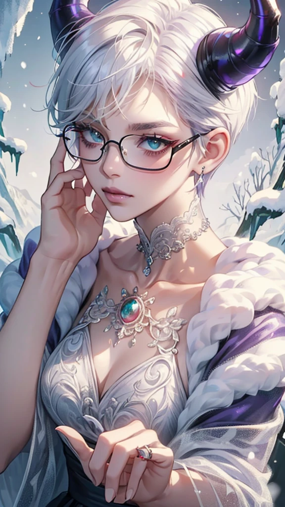 8k, masterpiece, best quality, highly detailed, 1 girl, devil, demon horns, warlock, pixie cut, white hair, multicolored hair, very short straight hair, red highlight hair on white hair, stippled hair, wearing glasses, round glasses, earrings, red eyeshadow, long eyelashes, blushed cheek, purple lips, pearl necklace, rings, collarbone, mole on face, glamorous, teal and purple royal clothes, expressionless, close up view, rings, looking at viewer, standing, frost, death, winter, snow strom, tundra, turning back, back facing viewer, looking over shoulder, exposed nape