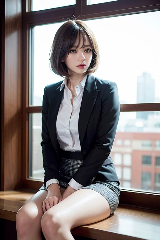 (masterpiece:1.2), (Highest quality), (Looks like a whole body:1.3) ,(Very detailed), (8k, Complex), (Lens 135mm,1 1 1.8), (Realistic)(office:1.3), Portrait Photography,(Dynamic pose),Side lighting,Edge lights up,Best Shadow,Area light source,Perfect Anatomy,perfect face shape,Best for women,Best Female Body,Improves skin texture,Fine fabric pattern,Precise beauty,Delicate and delicate skin,Very detailed肌,Pale skin,Delicate hair,Glowing Skin,Highest quality, Realistic, 8k, khd, 1 female, Pervert woman, (Looks like a whole body:1.3), office,Last, black blazer jacket, Black tight mini skirt、(Open the chest, Covered nipples:0.2), uniform,Nipples are visible, No pants, Boldly roll up your skirt, (Spread your legs), Bend your knees and spread your legs, (Short Bob Hair, Brown Hair),The buttoned up shirt flutters、necklace, looking at the camera、Looking into the camera、smile、Female dog