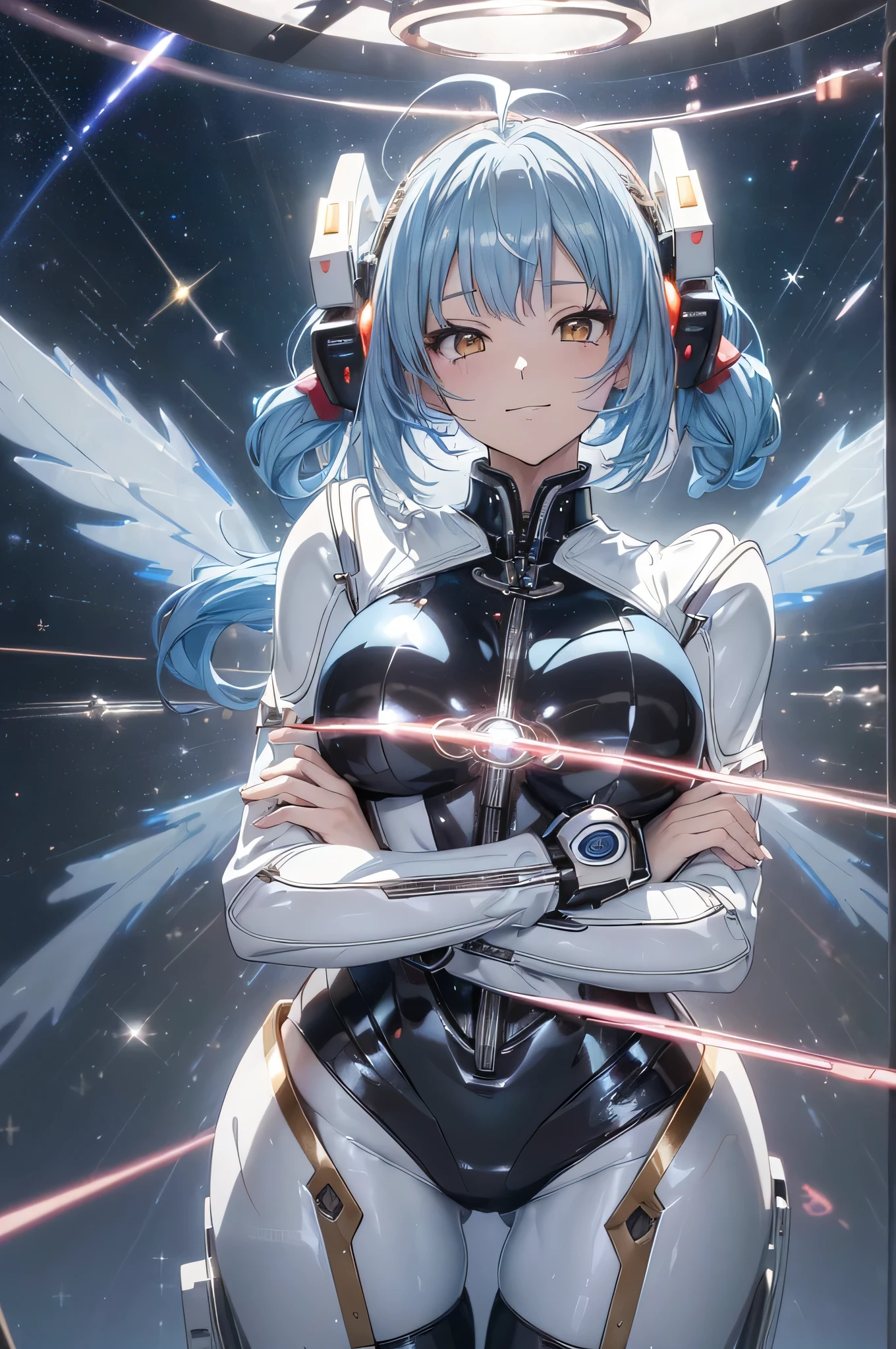 RAW Image Quality, A super cute girl is wearing a pink jacket armor, Mechanical Wing, Space War Background, Rainbow Aura Body, Supernova Power, Light blue hair, Red eyes, Perfect body, sexy, Neon glow, Beam sabre, sad mood, Very detailed, Preparing for battle, mecha musume, Beautiful Eyes, Detailed face,