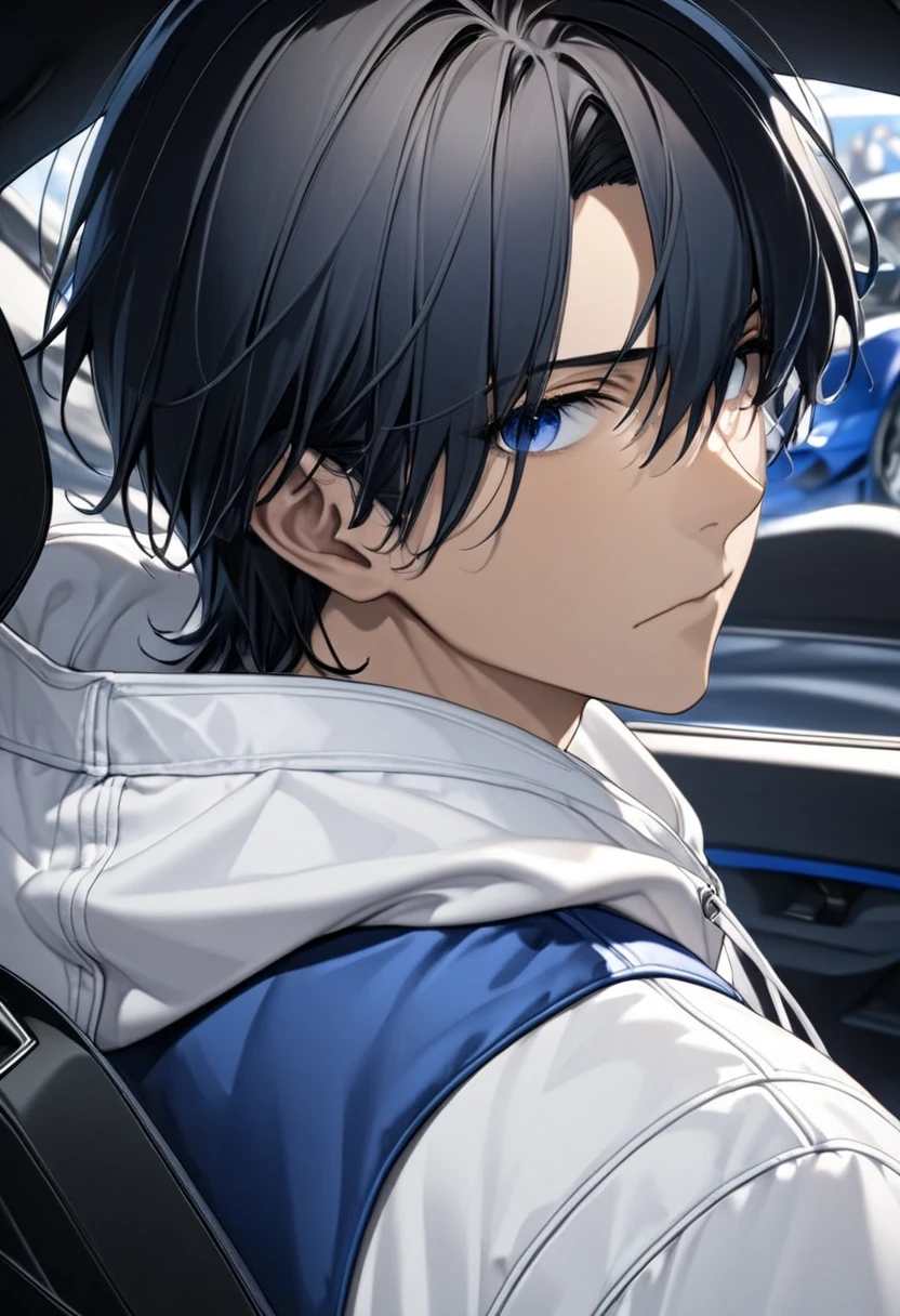 dark haired young man"Asuka" , Back view of man and woman in white hoodies and blue jackets  , Front View ,  bust up ,  close-up  , Focus on the eyes ,  serious expressions , background:Sports car interior bucket seat , Alone