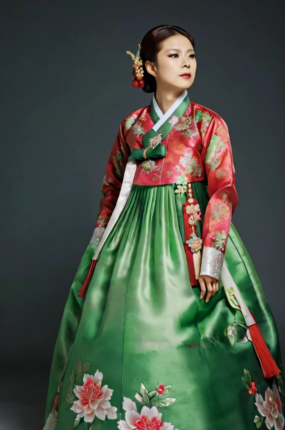 A Korean man in women's hanbok, hi is crossdresser, His face and hairstyle are very masculine, silk, Mother of the Bride hanbok Dress Outfit, breasts like a woman, green and red, slender female body, floral pattern, satin, side view, full body shot