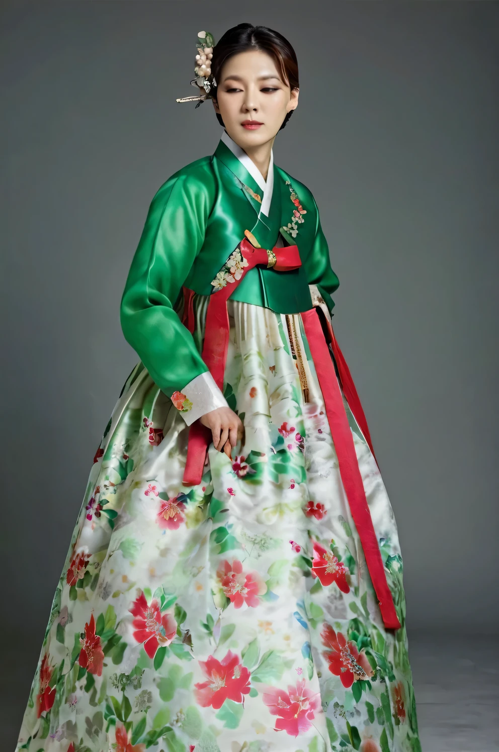 A Korean man in women's hanbok, hi is crossdresser, His face and hairstyle are very masculine, silk, Mother of the Bride hanbok Dress Outfit, breasts like a woman, green and red, slender female body, floral pattern, satin, side view, full body shot