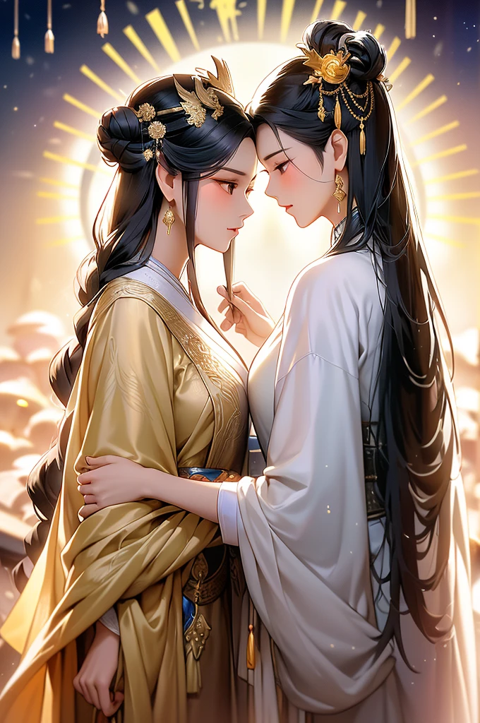 On the hourse ,Black Hair, Immortal, Beauty, the couple , White Taoist robe, Golden Phoenix Coronet, Hair Bunch, Mature Woman,a girl goodbye to her love ,her kiss sister,thai clocet
