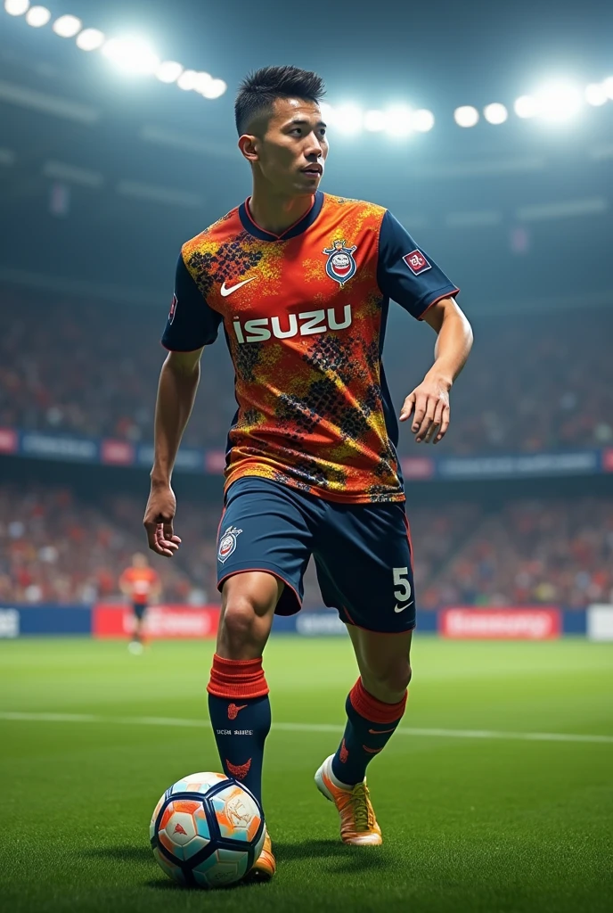 a happy male soccer player in orange uniform running and raising a trophy in the air, detailed facial features, dynamic pose, action shot, sports, movement, energy, vibrant colors, realistic, photorealistic, 4k, high quality, detailed texture, studio lighting, full body photo