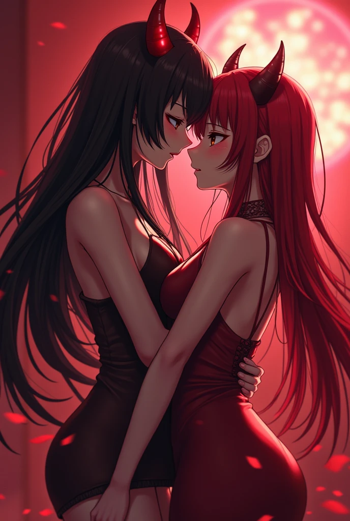 ((masterpiece、top-quality:1.5、a high chroma:1.5、ultra-detailliert、high-resolution illustrations:1.5、Ultra-high-definition CG、8k size wallpaper、offcial art))、(yuri),(2girls,twin sisters),(cute face:1.5)、(clear face:1.3),
(black-only color scheme:1.5), (red-only color scheme:1.5),(sexy body),(One only wears red, one only wears black.),(strapless leotard),(long hair), ((medium breasts))、
,(yuri),(hug)、(upper body)、