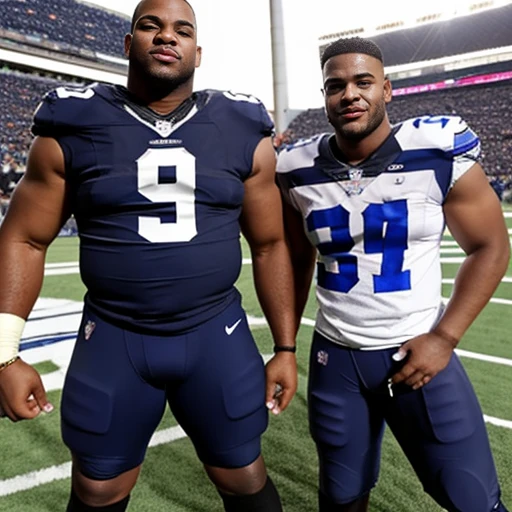  Micah Parsons 9 ft tall, Muscular wearing dallas cowboys football gear, holding his big black cock in nfl pads and uniform. Huge black dick. Standing next to a short 5 ft white man.