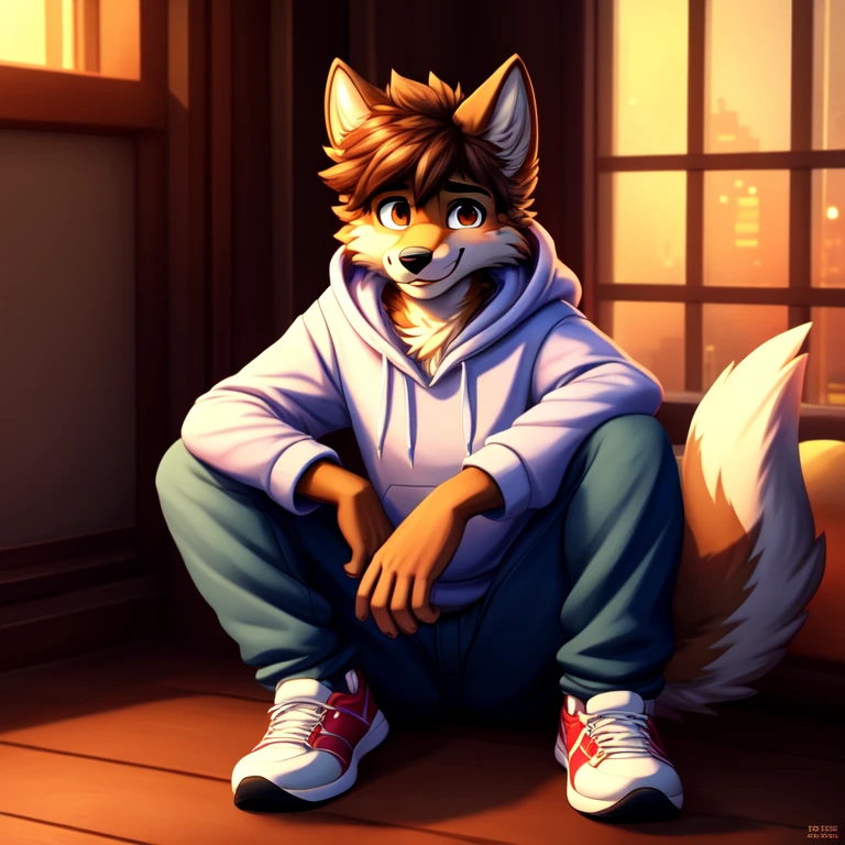 ((лучшее качество)), ((шедевр)), (подробно), 1boy, furry anime style, anthropomorphic wolf boy in a white hoody and jeans, 20 years old, perfect male anatomy, good fur, black sneakers, good detailed wolf face, full body, avatar, shy smile, brown hair, extremely detailed brown eyes