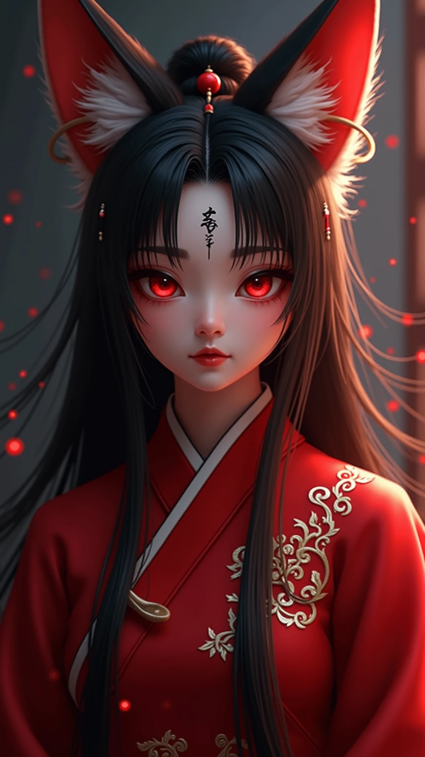 masterpiece, high detail, Very detailed(1.2), precise, Ultra HD,, character design ,Darkening, Ninotail fox woman ,Bangs, long hair, forehead pattern, red eye, wearing red Chinese Hansel costume,Emitting black air , movie light effect , ,