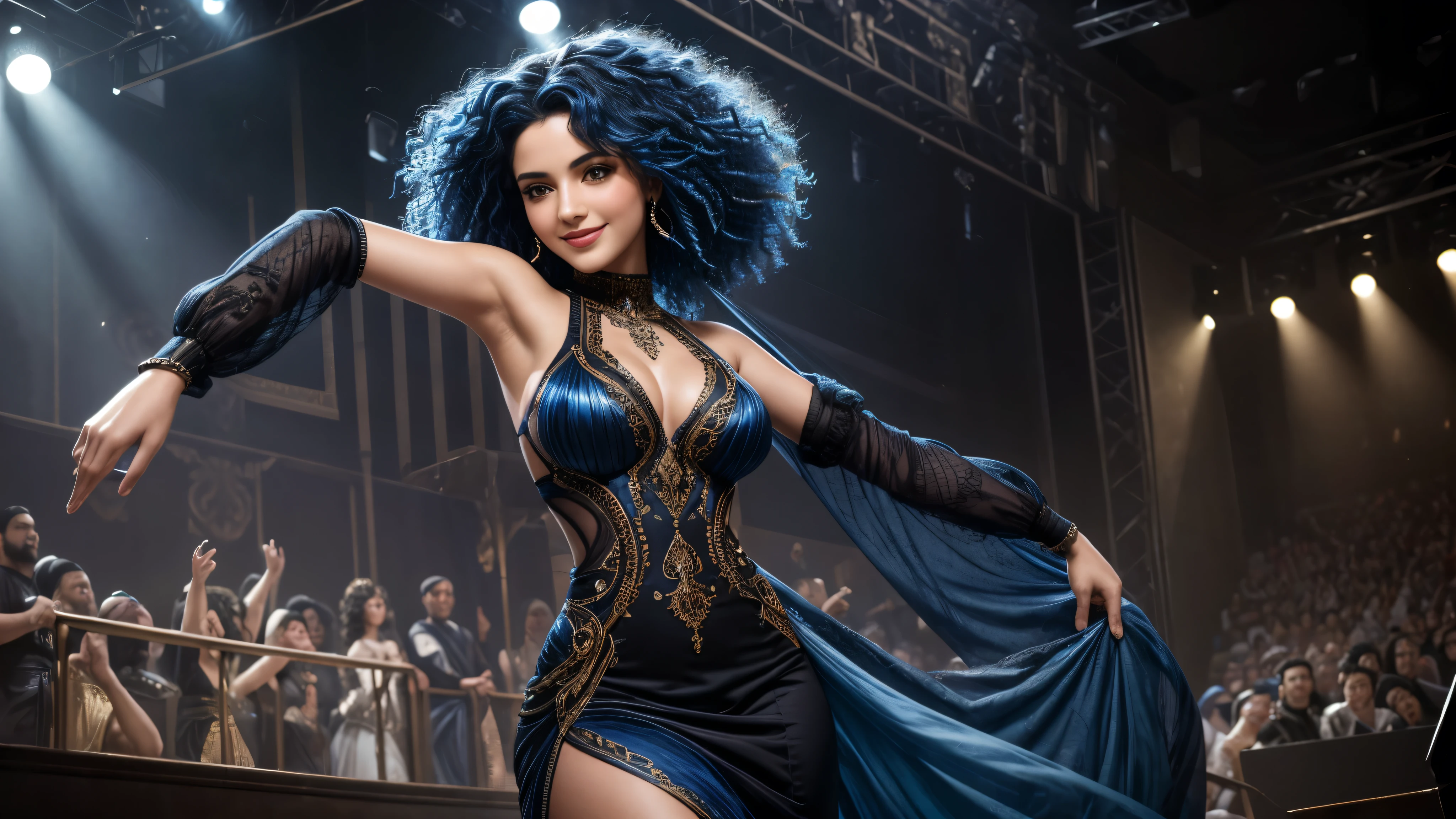 masterpiece, best quality, extremely detailed, hyperrealistic:1.1, photorealistic, a beautiful 20s arabic model, ultra detailed face:1.1, blue hair, curly hair, black dress, smiling, on live stage, stage lighting, dancing, strenuous movements, from below, dynamic angle
