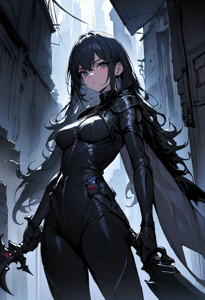 Long blue hair, blue eyes, evil, sexy, black and red clothes, tied hair, evil face, evil, serious look, gloss lips, sit, sinister, front look, bloody, gloves, beautiful eyes, sensual, straight hair cut, clear skin, evil, young 30 years girl, adult girl, solo, red, very long hair, HAIR DOWN, ANKLE LENGTH HAIR, FIERCE EXPRESSION, villain, handsome older WOMAN,blue-eyes,crimson pupils,Long blue hair,Hyperresolution,accuracy,Detailed rendering,(Subtle facial image)(Image of fine hair)(topquality)(Masterpieces of masters)(High degree of completeness)(A sense of atmosphere)tmasterpiece,Super detailed and super detailed(portrait))(((Mature woman))) (((Villain))) (((Older female)))(((half body view)))(((Wearing black and white fur street fight outfit)))