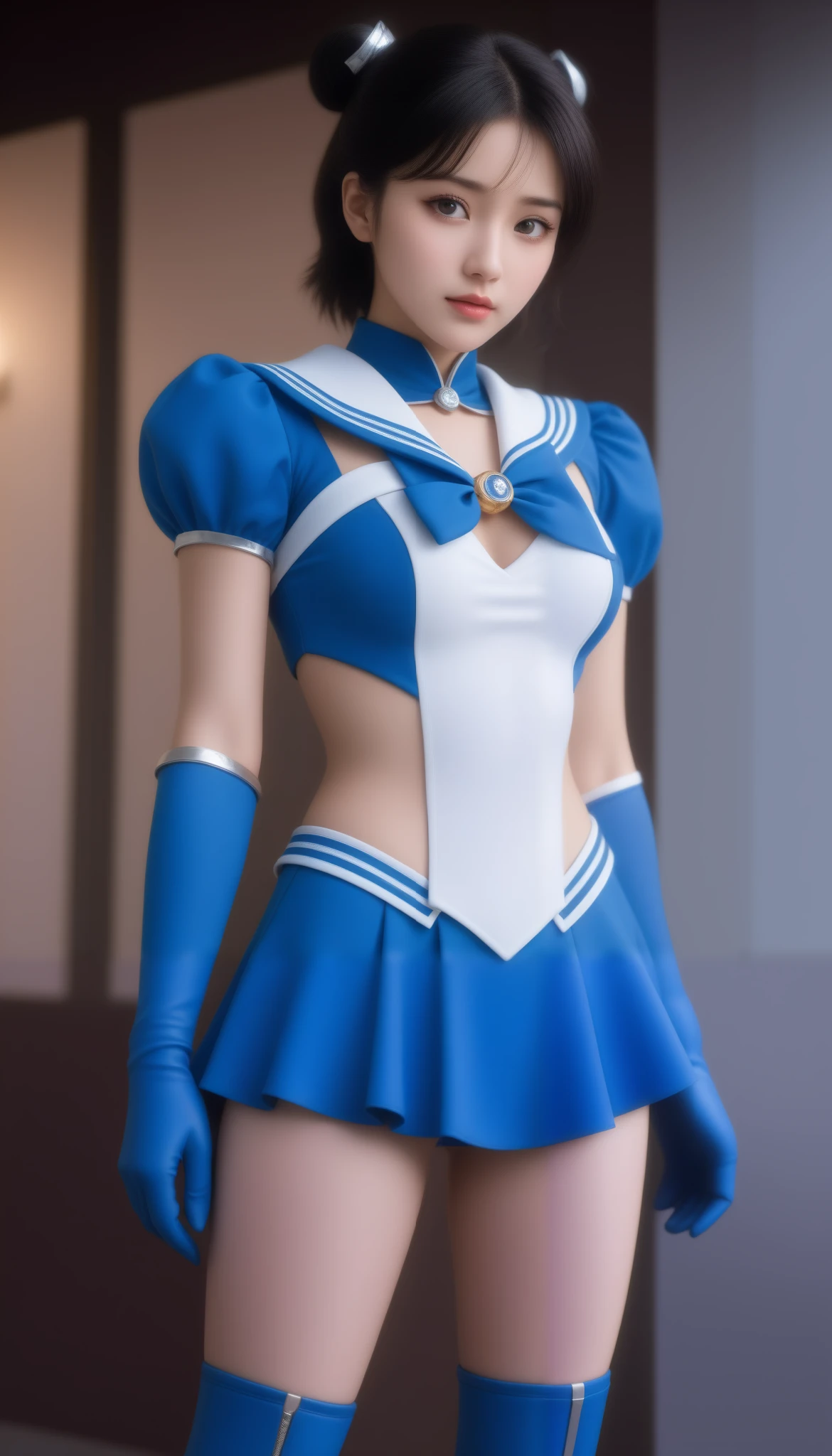 Arafed woman in a blue and white uniform posing for a picture - SeaArt AI
