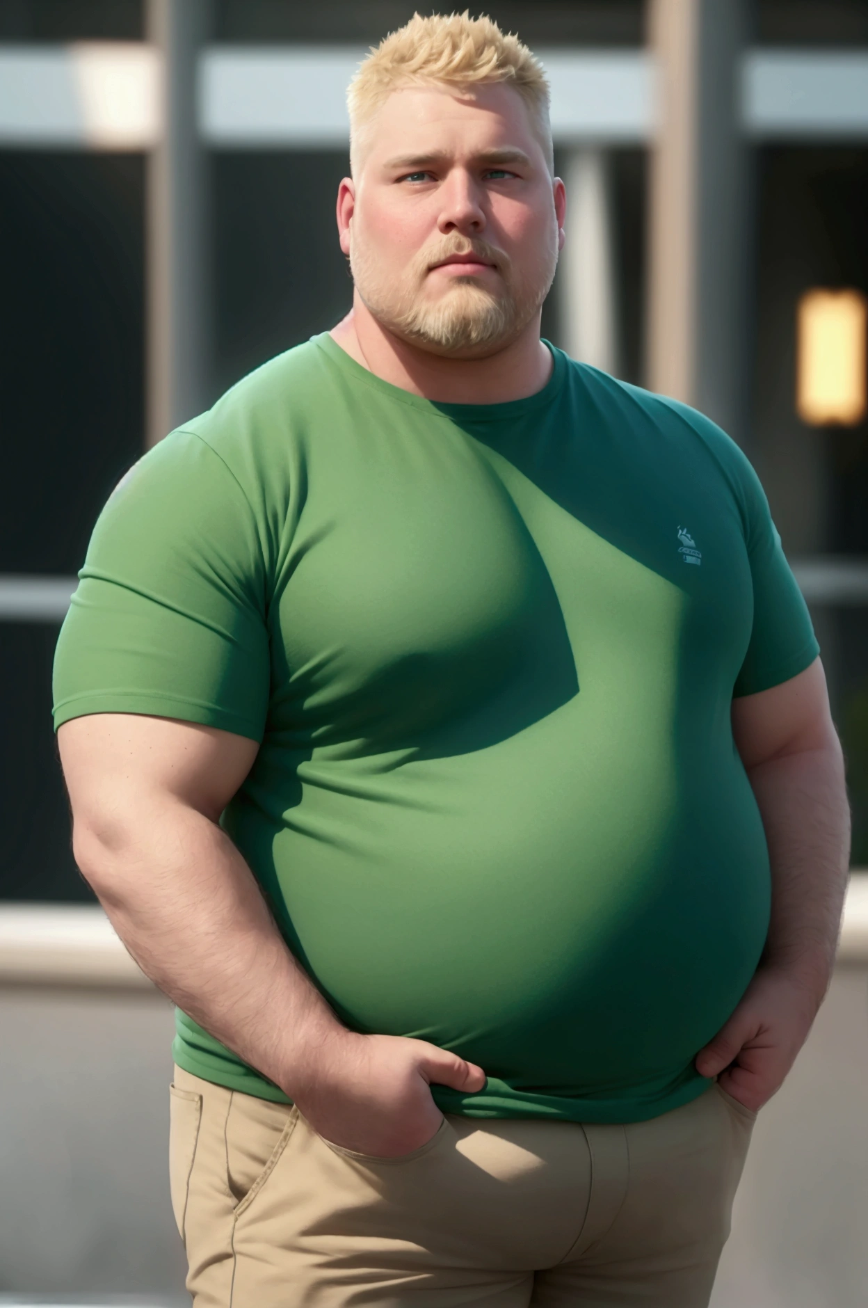 standing man, looking at the camera, overweight man, fat belly, middle-aged man, blond, man with neatly trimmed short beard, wearing a green T-shirt, handsome man, (best quality, 4k, 8k, high resolution, masterpiece: 1.2), over-detailed, (realistic, photorealistic, photorealistic:1.37), HDR, UHD, studio lighting, ultra-fine shooting, clear focus, physical rendering, extremely detailed description, professional, bright colors, bokeh, portrait, realism 