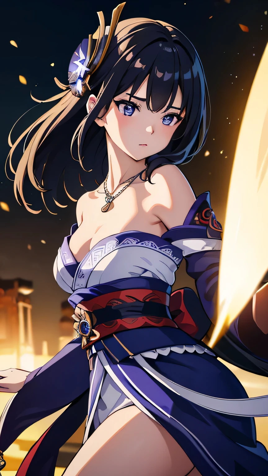 best quality, masterpiece, highres, 1girl, Raiden Shogun from genshin impact cosplay,hair ornament,necklace, jewelry,Beautiful face,cute,upon_body, tyndall effect,photorealistic, dark studio, rim lighting, two tone lighting, front view, close up, pretty eyes, perfect body ratio, perfect anatomy, standing alone(high detailed skin:1.2), 8k uhd, dslr, soft lighting, high quality, volumetric lighting, paparazzi, Photograph, high resolution, 4k, 8k, Bokeh, outdoor background