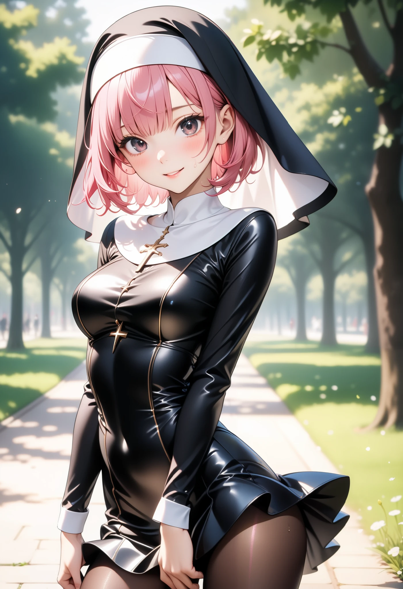 ((((traditional nun)), Leather panties, skirt, Pantyhose, Stiletto heels)), ((Shiny Costumes)), (skindentation), skinny, alone, solo, Masterpiece, highest quality, highest quality, 16K, incredibly absurd, highly detailed, 2.5D, ai-generated, delicate and dynamic, very delicate facial expressions, delicate eye depiction, erotic, only sexy woman, ((A cute and kind face)), healthy figure, ((1 woman)), 160cm tall, ((medium firm swaying bust)), medium breasts, (short hair), Straight Hair, (pink hair:1.5), bob cut, black eye, blush, Sweat,Embarrassed,sexy, ((thin thighs)), shiny and lustrous, facing straight at viewer,  smile, ((standing)), ((arm at side)),