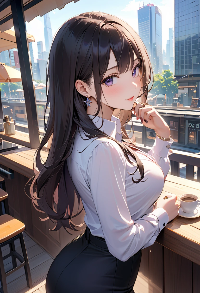 best quality, amazing,delicate, super detailed, beautiful, 8k , 1 girl, Black Long Hair ,Business shirts, earrings for a woman alone, Outdoor, bright 、Married Woman,sunlight、Clear skies、Cafes in Tokyo、Skyscrapers in the background、bewitching、coquettish、Tempting sensuality,ring