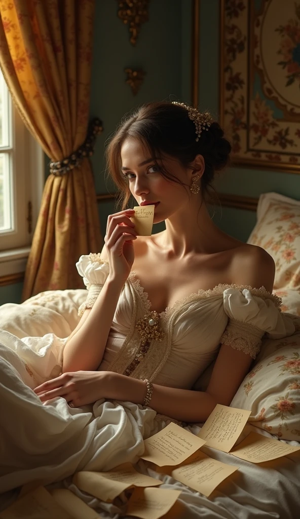 Josephine in a grand Parisian bedroom, illuminated by soft golden light, lounging on a bed surrounded by letters from Napoleon. One letter with "Don't bathe!" written boldly is held close to her lips as she smirks seductively