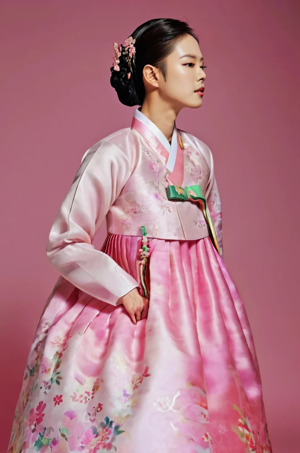 A Korean man in women's hanbok, hi is crossdresser, His face and hairstyle are very masculine, silk, Mother of the Bride hanbok Dress Outfit, breasts like a woman, pink and red, slender female body, floral pattern, satin, side view, full body shot
