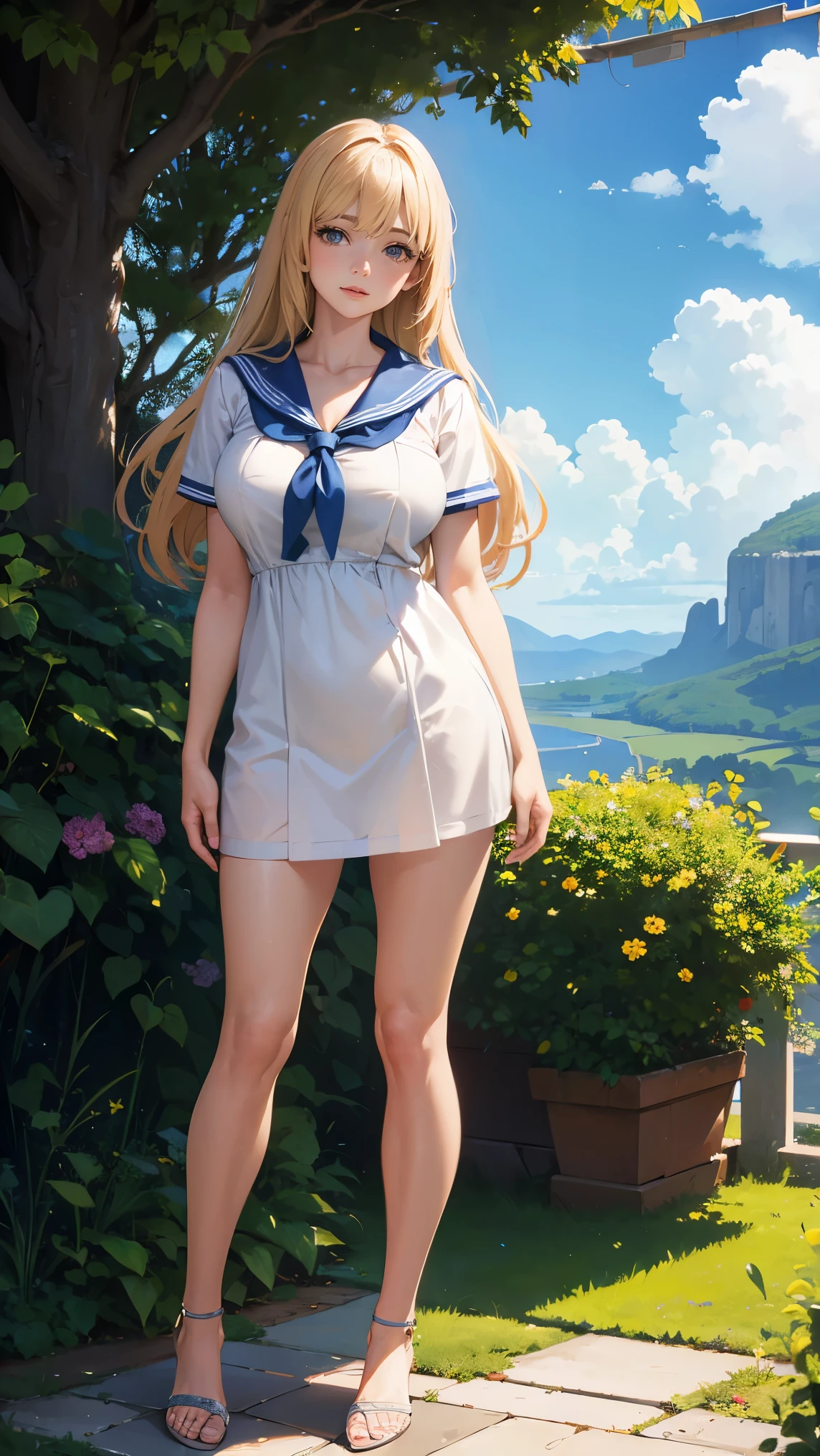 (Realistic, Photorealistic:1.4), Beautiful illustration, view the viewer, full body , Front view, 1 girl, , ( long hair:0.3), blond hair, Bangs, hair between eye, (Huge breasts:1.1), Beautiful hair, Beautiful Babye, Beautiful detailed eyes, Beautiful collarbone, Beautiful body, beautiful boob, beautiful thigh, Beautiful legs, Beautiful fingers, (Beautiful scenery), Garden, ((sailor dress)), (standing on glass ), NSFW
