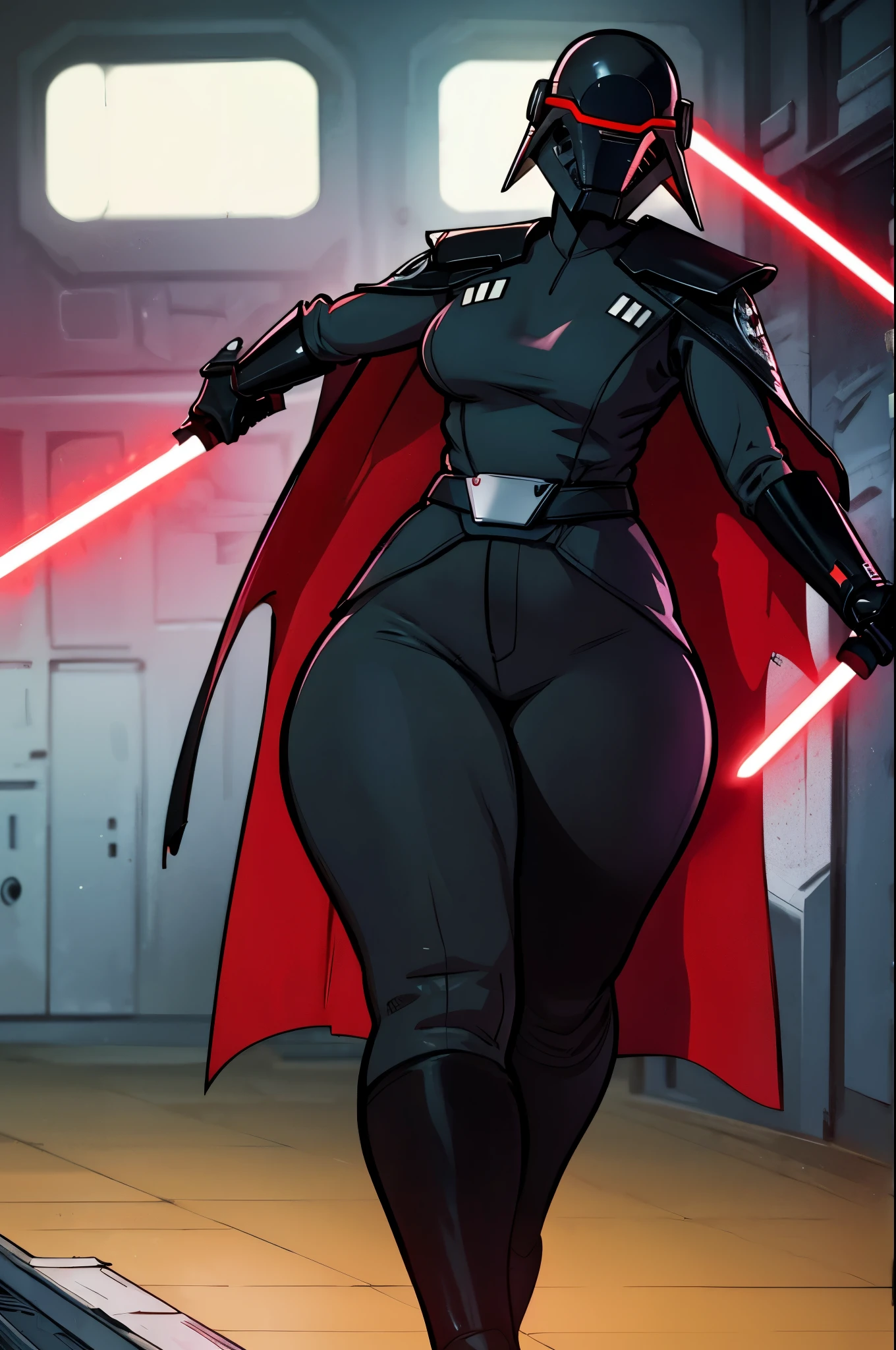 score_9, score_8_up, score_7_up, score_6_up, 2d, rating_questionable, rating_safe,
BREAK
Trilla, helmet with red visor, star wars,
armor,black gloves,tight bodysuit,black cape,black pants,
close up, solo, standing, front view, medium breasts, wide hips, holding lightsaber, action pose, red blade,
indoors, sith base, science fiction, chubby, overweight, frustrated