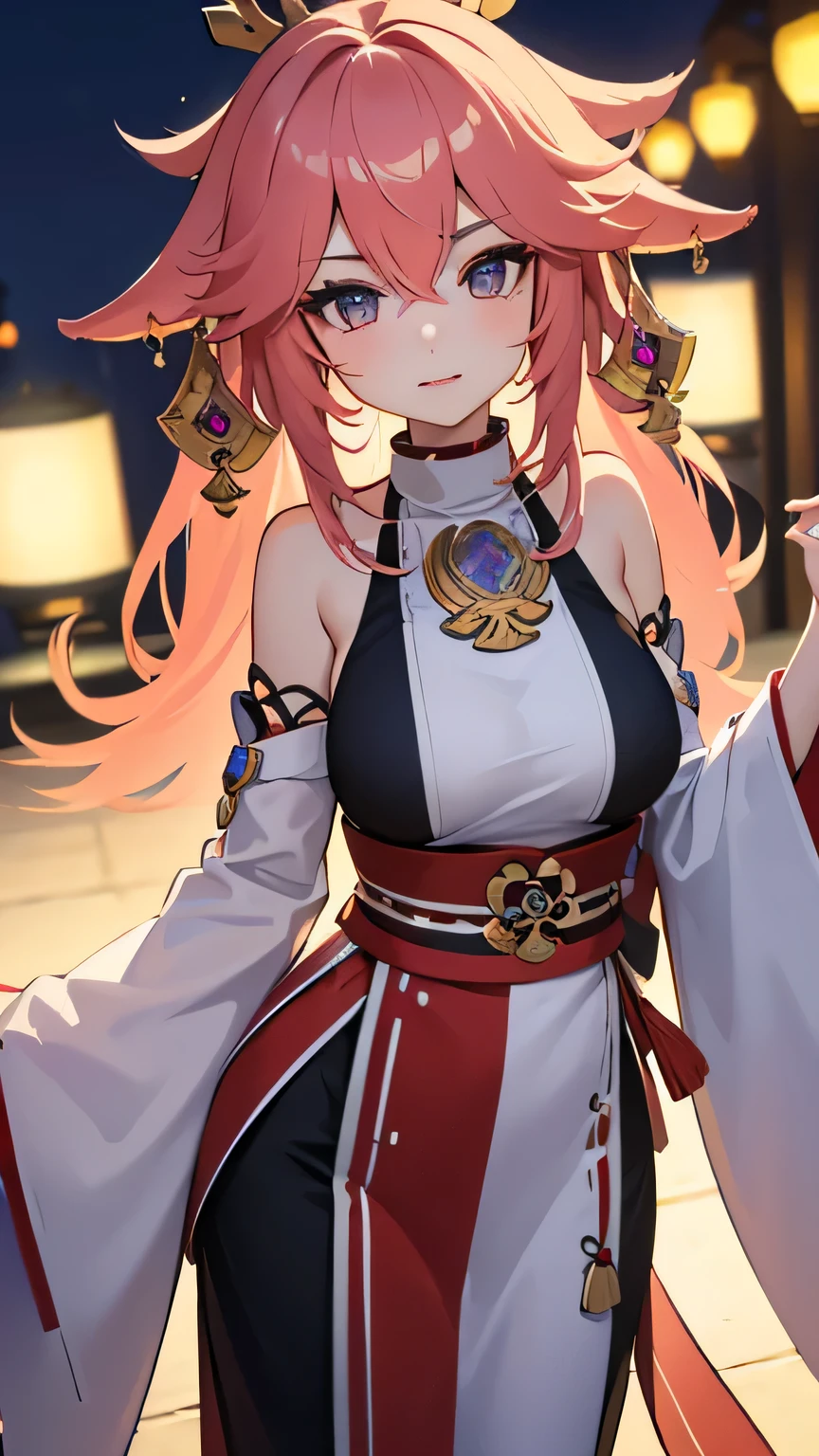 best quality, masterpiece, highres, 1girl, yae Miko from genshin impact cosplay,hair ornament,necklace, jewelry,Beautiful face,cute,upon_body, tyndall effect,photorealistic, dark studio, rim lighting, two tone lighting, front view, close up, pretty eyes, perfect body ratio, perfect anatomy, standing alone(high detailed skin:1.2), 8k uhd, dslr, soft lighting, high quality, volumetric lighting, paparazzi, Photograph, high resolution, 4k, 8k, Bokeh, outdoor background