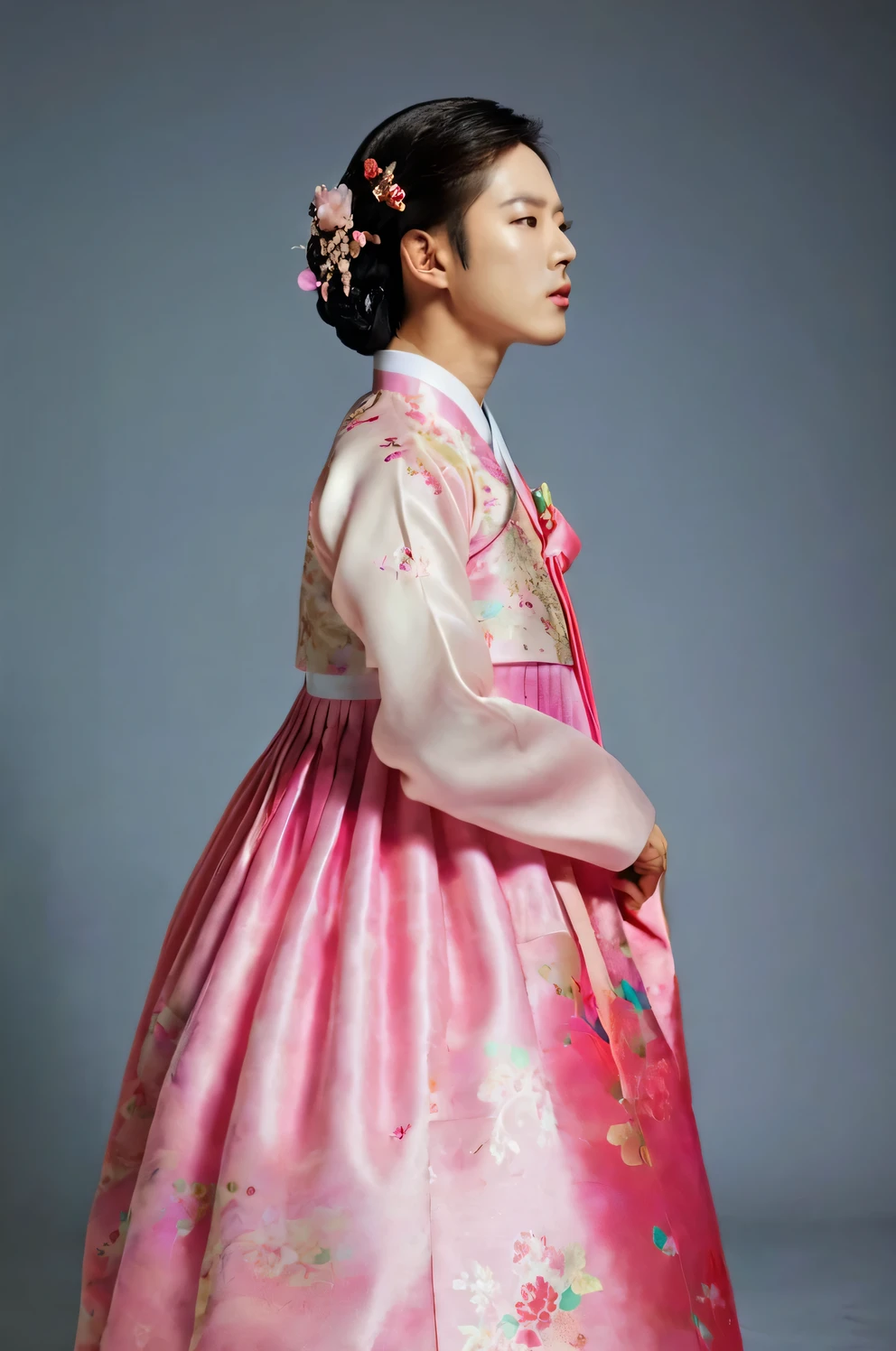 A Korean man in women's hanbok, hi is crossdresser, His face and hairstyle are very masculine, silk, Mother of the Bride hanbok Dress Outfit, breasts like a woman, pink and red, slender female body, floral pattern, satin, side view, full body shot
