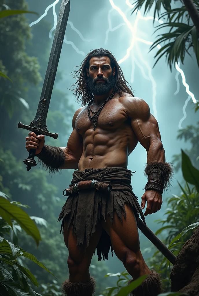 An attractive alluring barbarian man in only a loincloth, holding a sword to the lightning filled sky, crazy long wind swept dark brown hair, buff,  muscular, in the jungle, 8k, realistic fantasy art, photorealism
