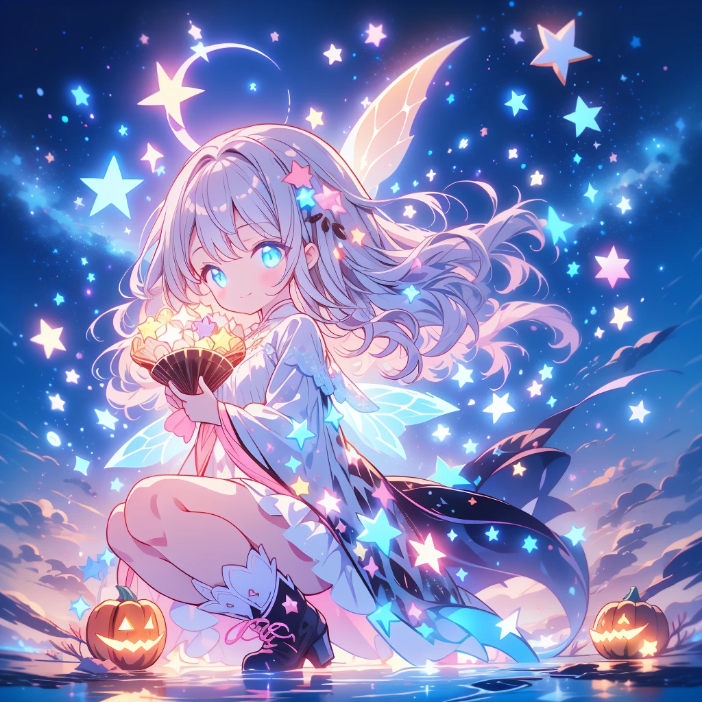 かわいいstarの妖精、（  beautiful eyes 、 detail eyes sitting on a coral reef）、（BEST DETAILS 、The best configuration、perfect anatomy）、Full body front、Front、 is facing forward towards viewers、 one girl , best quality、masterpiece、 Official Art、 super detailed、 VERY BEAUTIFUL、Pumpkin Fairy、Grey Hair、 straight long hair、milky way、universe、star charm、star、baby face、 long boots, Magic Rim、Houndstooth、smile、 black light colored neon light 、Hope and expectation、 snowman、Valentine、 chocolate、Pink and brown check costume 、star、流star群、universe、 neon light enhances cuteness、