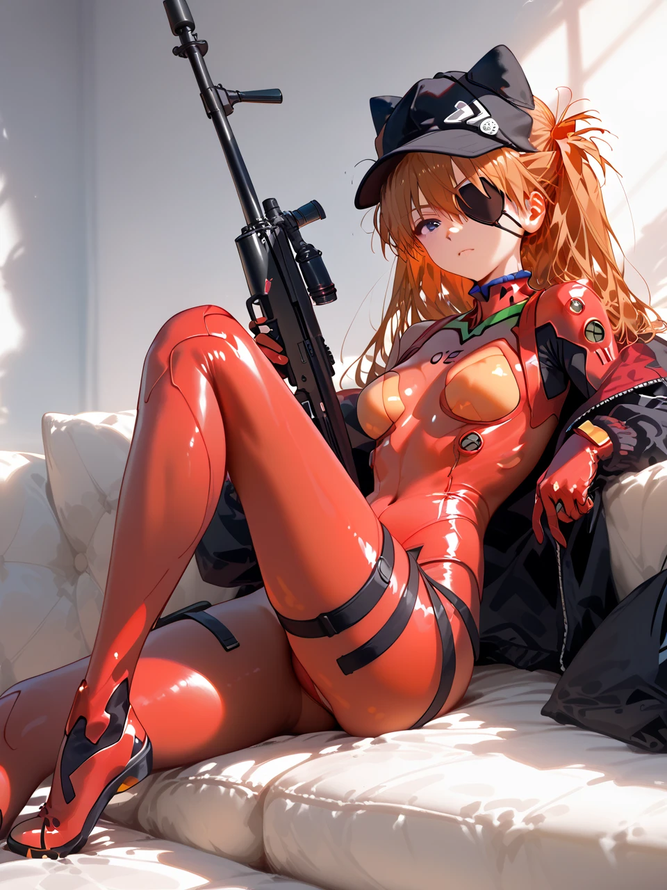   best quality,   best quality,   HIGH QUALITY ILLUSTRATION , masterpiece,    ultra high resolution,   detailed background ,  perfect anatomy,   performance , Good lighting,   Shadows in the Movies,   1 girl, Alone,  Neon Genesis Evangelion: New Movie Version、   Shikinami Asuka Langley sitting by the wall、 Red Plug Suit 、Eye patch、( Cat hat、black)、 hold a gun 、 sniper rifle 、 face down 、Lie down、