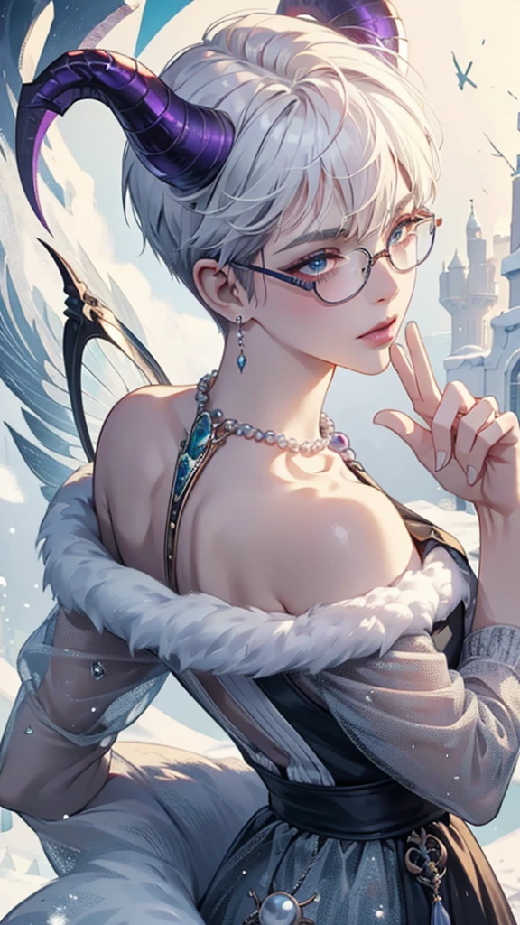 8k, masterpiece, best quality, highly detailed, 1 girl, devil, demon horns, warlock, pixie cut, white hair, multicolored hair, very short straight hair, red highlight hair on white hair, stippled hair, wearing glasses, round glasses, earrings, red eyeshadow, long eyelashes, blushed cheek, purple lips, pearl necklace, rings, collarbone, mole on face, glamorous, teal and purple royal clothes, expressionless, close up view, rings, looking at viewer, standing, frost, death, winter, snow strom, tundra, turning back, back facing viewer, looking over shoulder, exposed nape