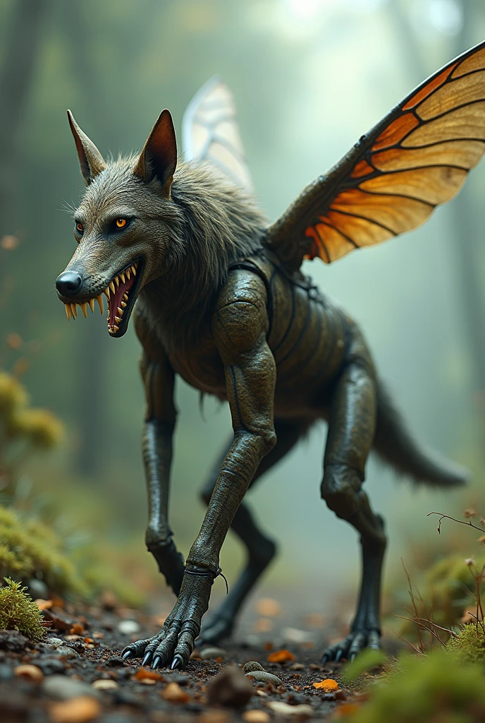 realistic, (Detailed Dark Dense Forest), solo, male, explicit, skinny, (anthro Fennec), fly wings, (transformation, insect, tail, caterpillar:1.2), (body_horror), (Crying), <lora:parasite:0.8>, <lora:bodhor:0.6>,