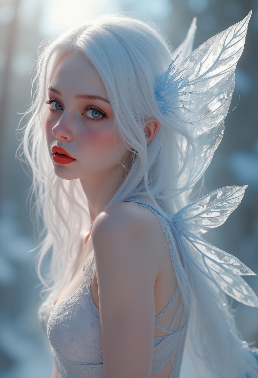 A very cute snow fairy with transparent wings and long, slender limbs. Artwork by Jean Baptiste Monge, Jeremy Mann. Charming neon red lips. Highly detailed, intricate concept art, splash art, natural light, deep complementary colors. Digital illustration, extreme details, digital art, 4k, Ultra HD