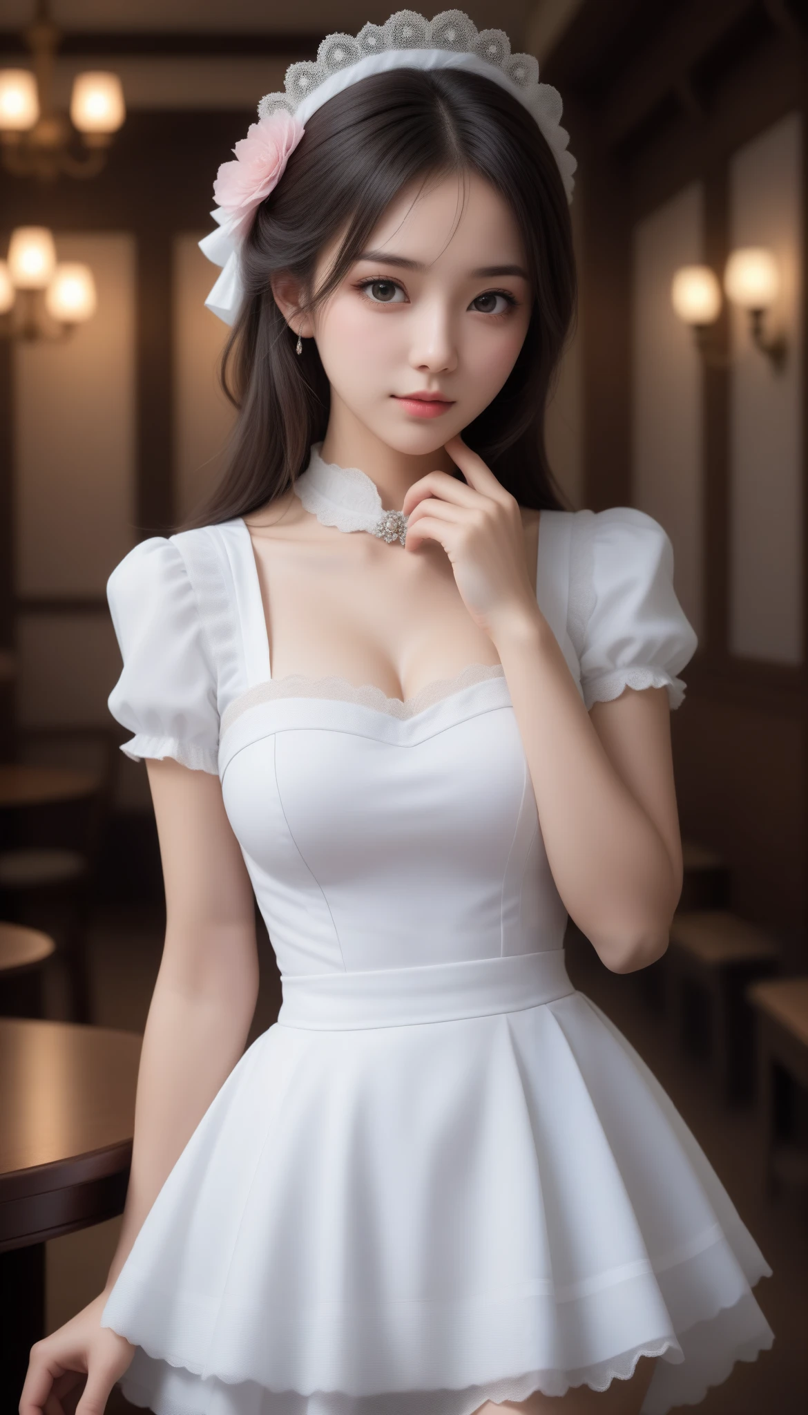 8k,  ultra high resolution,  best quality, masterpiece, 三分割法によるphotograph, surreal,photograph, one woman,( girl:1.3),cute,cute顔, 細部まで beautiful eyes, 細かく Detailsに,masterpiece,一人の girl:1.2, comet ,Maid cafe staff,cowboy shot,smile,Black hair,twin braids,ID photo,future, brutal cyberpunk woman ,Luxurious and gorgeous, cafe counter ,(( rococo maid outfit:1.5)),white apron ,knee high boots, fancy fashion,Lavish Decoration,(BDSM Mistress),(Cute girl),(Upper class lady:1.5),Expressions of despair,Dark and atmospheric lighting,delicate details,  Detailsな顔,anger, charming eyes,(ポートレートphotograph:1.4),( Photorealistic images with attention to detail of hands :1.4), Fantasy Art ,( beautiful face:1.4),美しく charming eyes、 beautiful eyes,Silver Remaining,( Tight waist :1.4)、( beautiful with perfect body proportions:1.4), pink lips,profile,((( ideal body shape))),A cup small bust :2,、Portraiture:2、 perfect anatomy、鮮明な Details、 Details,Thin lips,完璧で beautiful face ,完璧でcute顔,  Skin with attention to detail, Perfect limbs、 thin waist, surreal,Light and Shadow, fashion magazine cover,spotlight